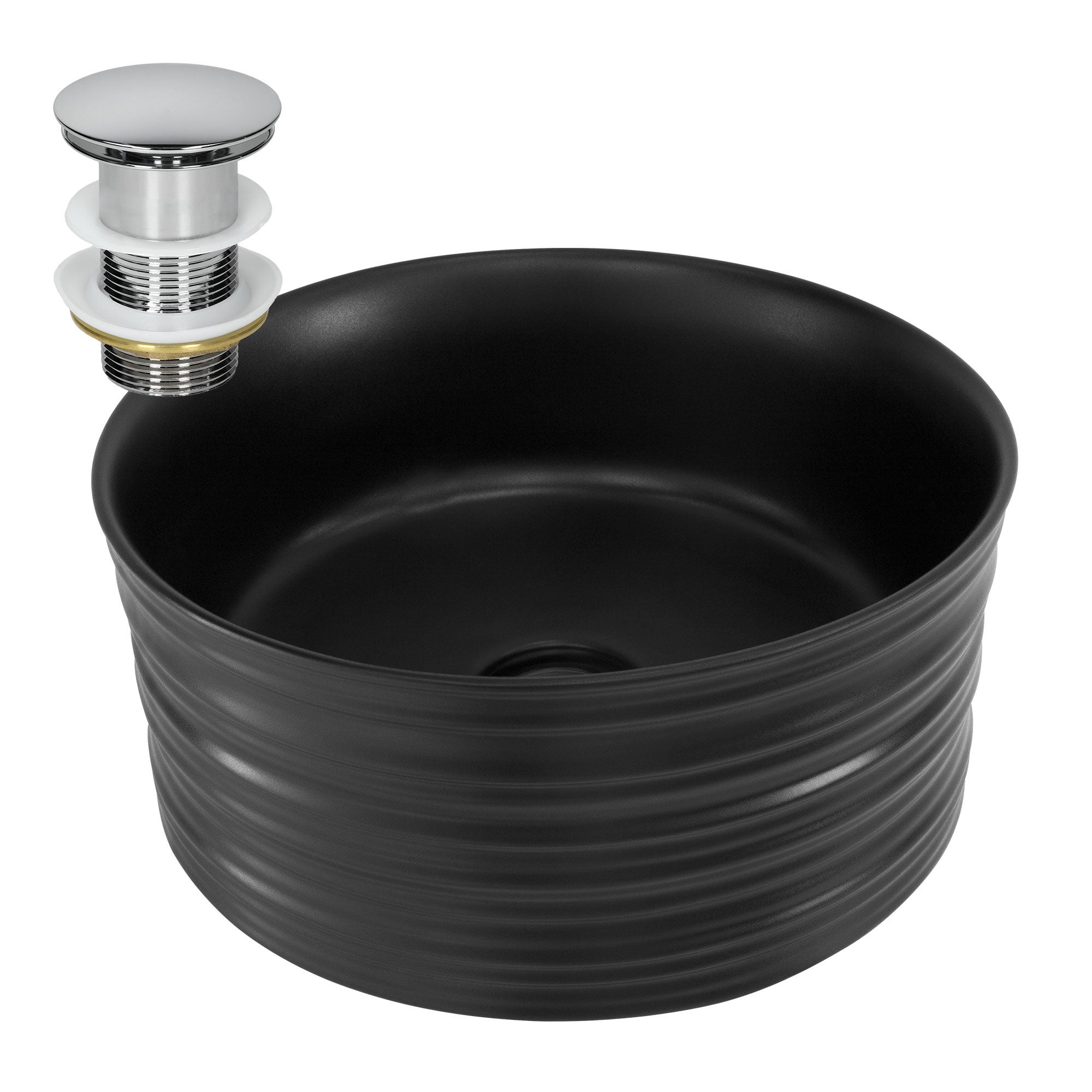 Lavoar de baie LuxeBath, Ø41x18 cm, ceramică, rotund, cu ventil pop-up cromat, fara orificiu pentru baterie, chiuvetă cu montare pe blat, negru mat