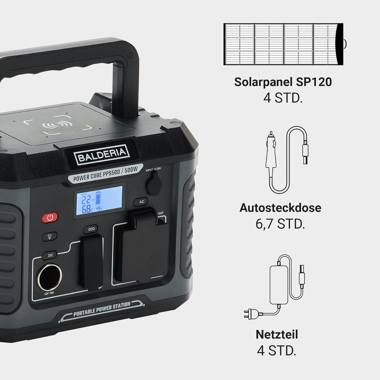 BALDERIA Power Set, station d'alimentation portable 500 W avec panneau solaire pliable 120 W - 3