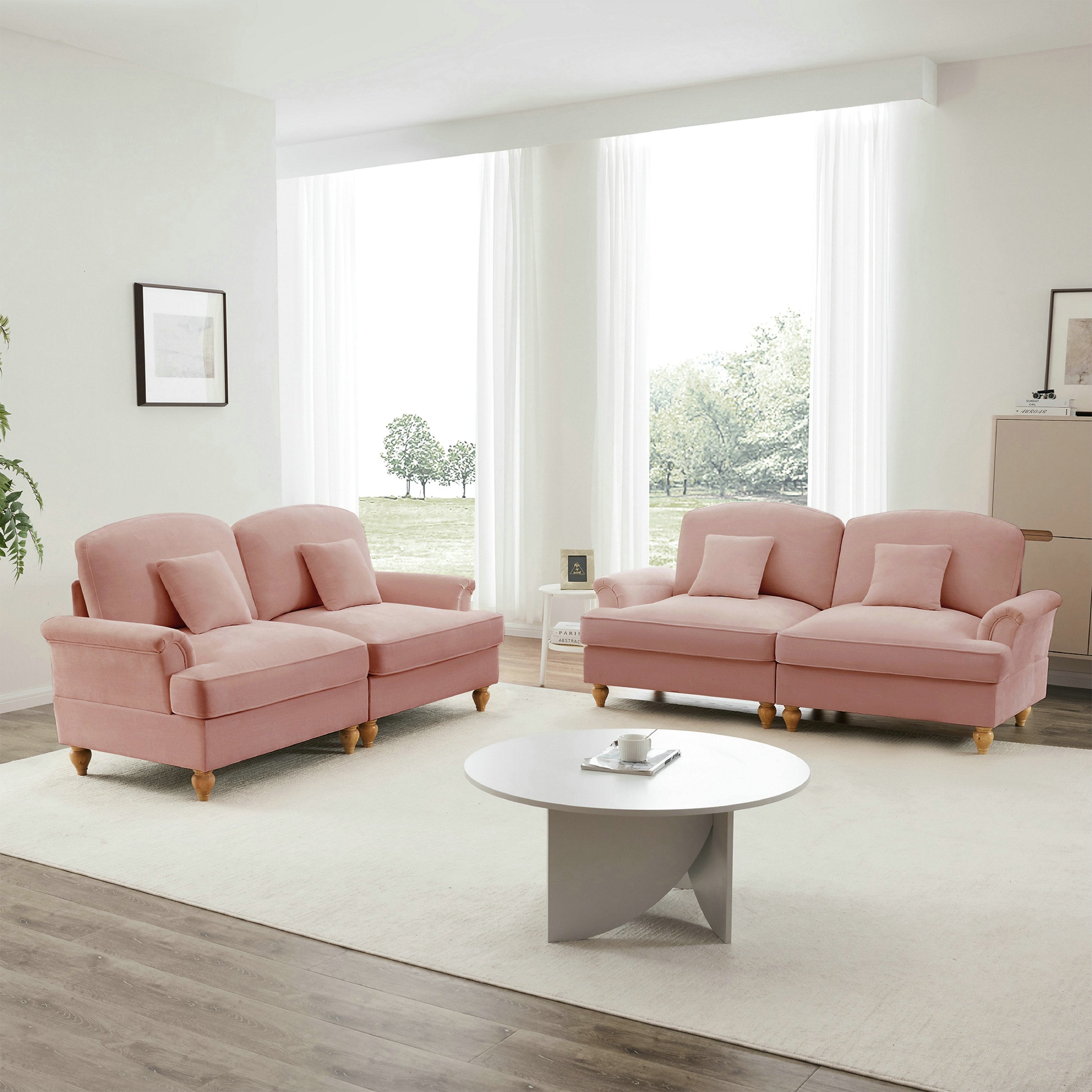 Élégant canapé d\'angle 2 places style Mid-Century - avec accoudoirs évasés - jupe à volants amovible - en chenille confortable rose - 2