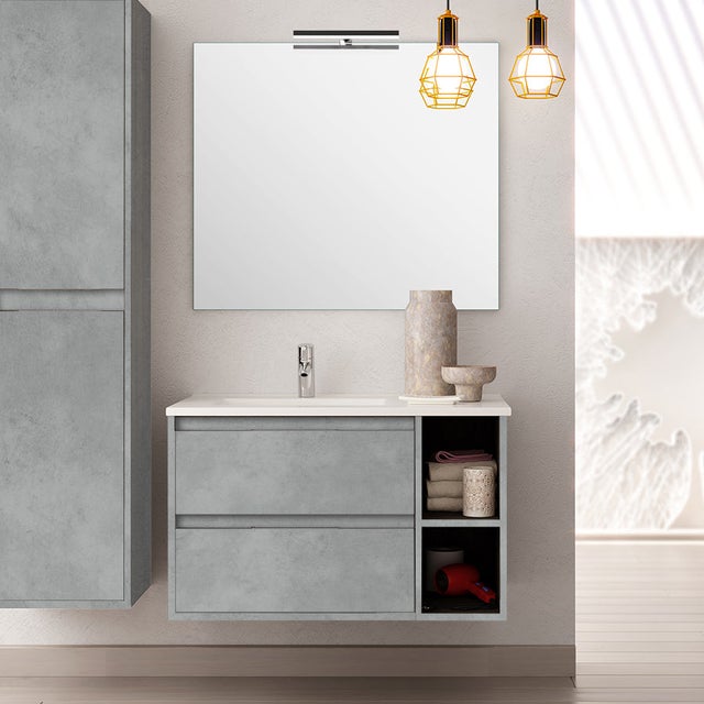 Meuble de salle de bain 80cm vasque déportée - 2 tiroirs et 2 niches - OLYMPE - ciment (gris)