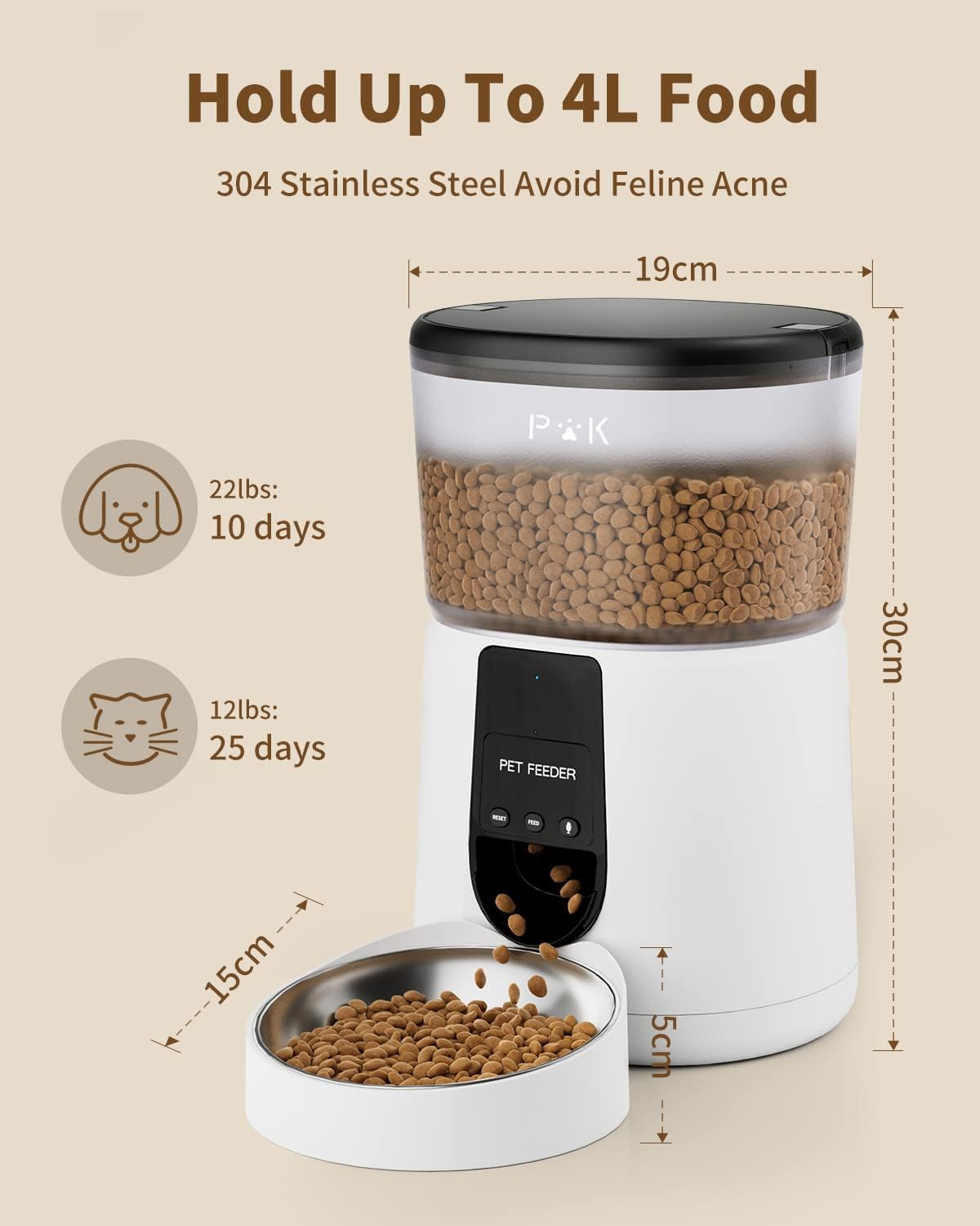 Distributeur Croquettes Chat Automatique,2.4G WiFi 4L Distributeur Croquettes Chat&Chien,Connecté App,Enregistrement Vocal 10S,1-10 Repas /Jour - 4