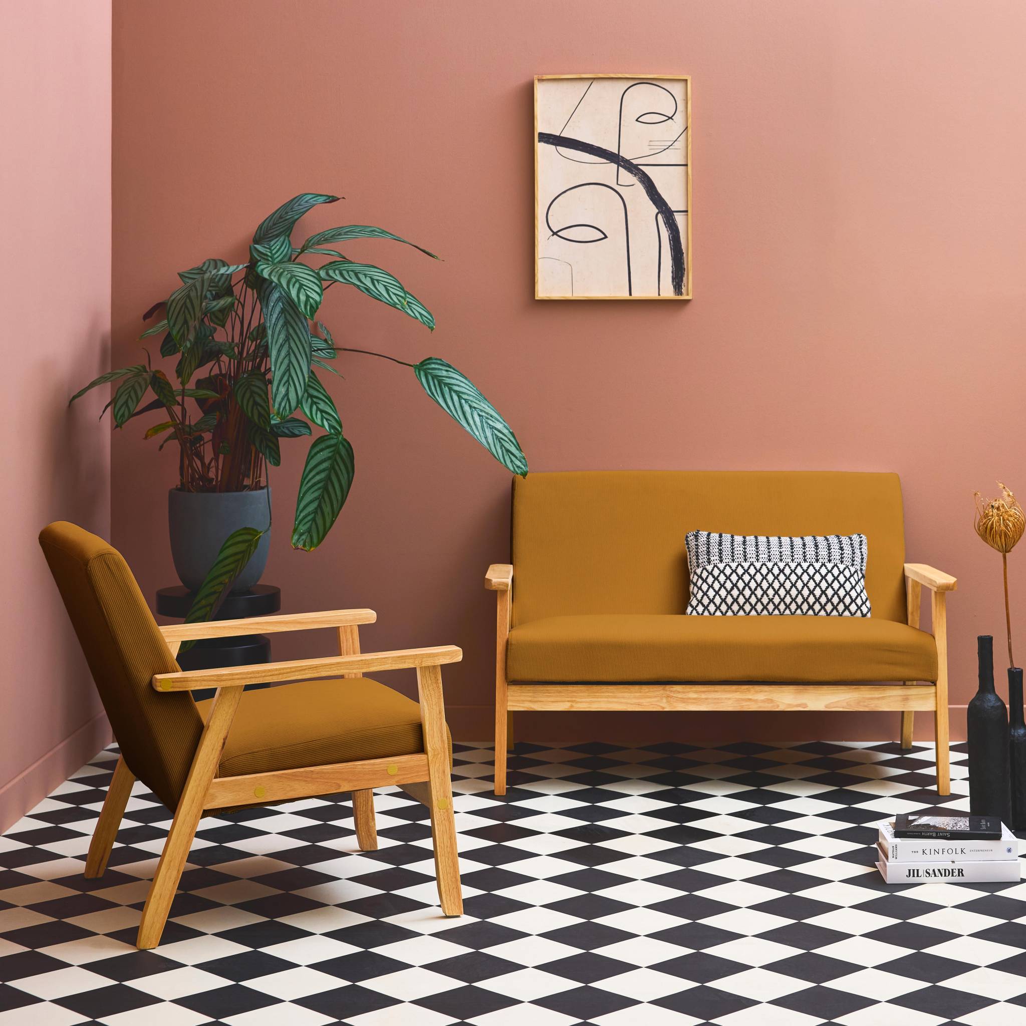 Divano a posti con panca e poltrona in velluto a coste, Mostarda