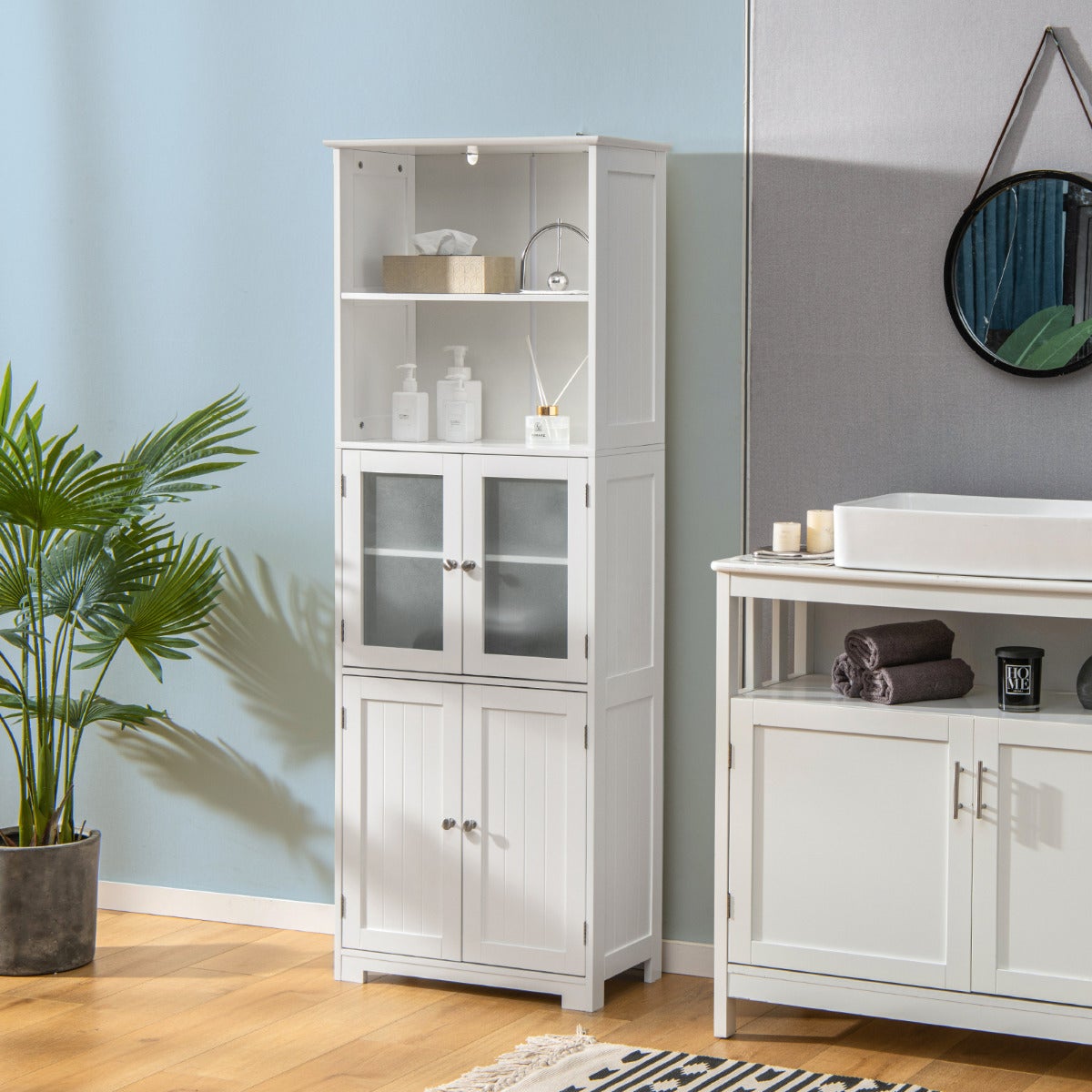 Armario alto para baño con 2 puertas cajón y estantes ajustables 60x30x163 cm blanco