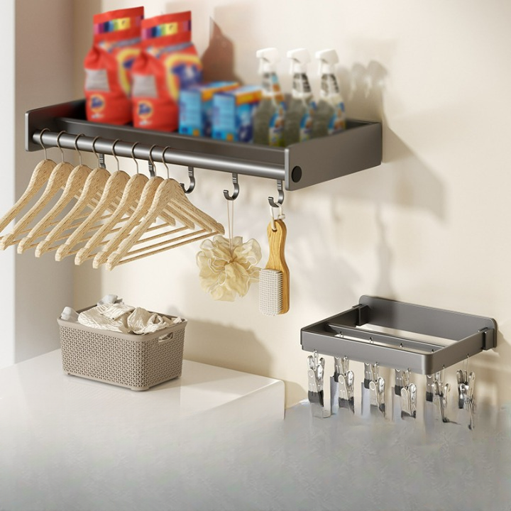 Z 12 klipsami do skarpet, półka ścienna 50 cm bez wiercenia, uchwyt na pralkę, montaż bez użycia gwoździ