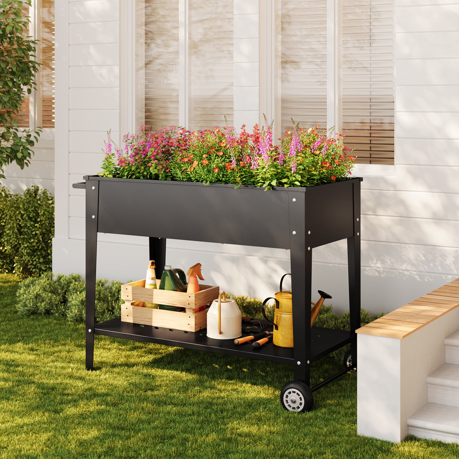 Horta Elevada Bealife Jardinera Elevada 80 cm com 2 Rodas e Prateleira Alça Lateral Orifícios de Drenagem Aço Anti-oxidação Preto - 2