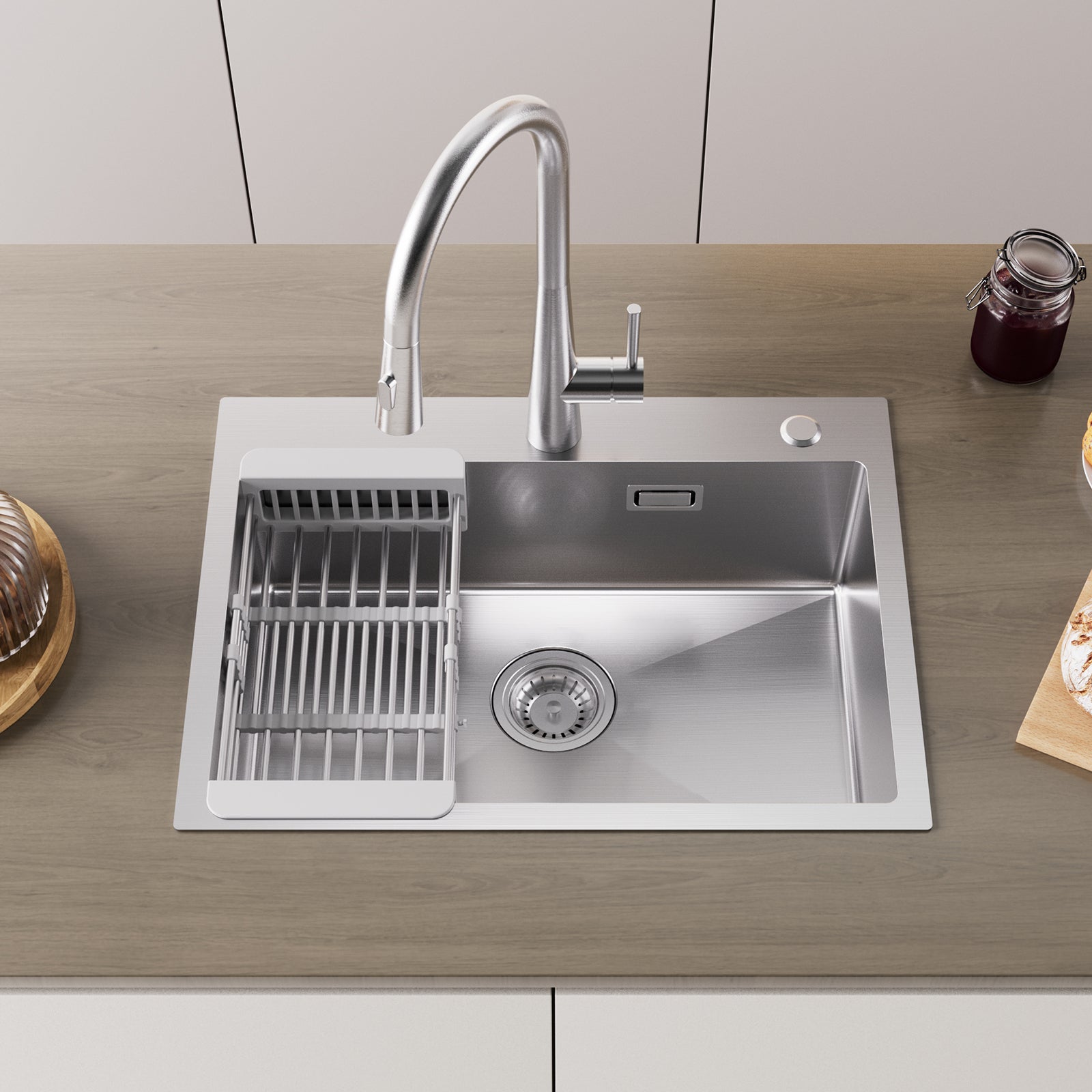 Cecipa max Évier Cuisine 1 Bac 60×45×18CM Évier Inox Brossé avec Panier de Drainage + Mitigeur de Cuisine avec Douchette Extractible Brossé - 2