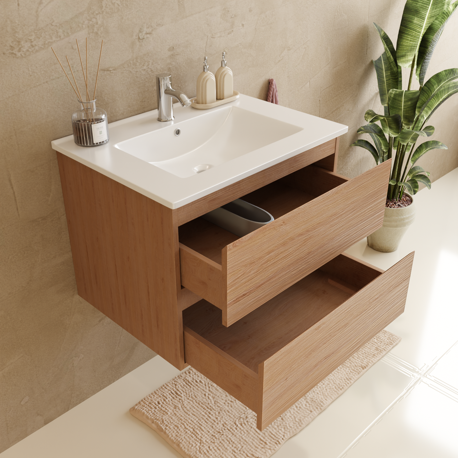 LOMAZOO Meuble De Salle De Bain Marenza Chêne Clair 60cm - Lavabo Blanc - 7