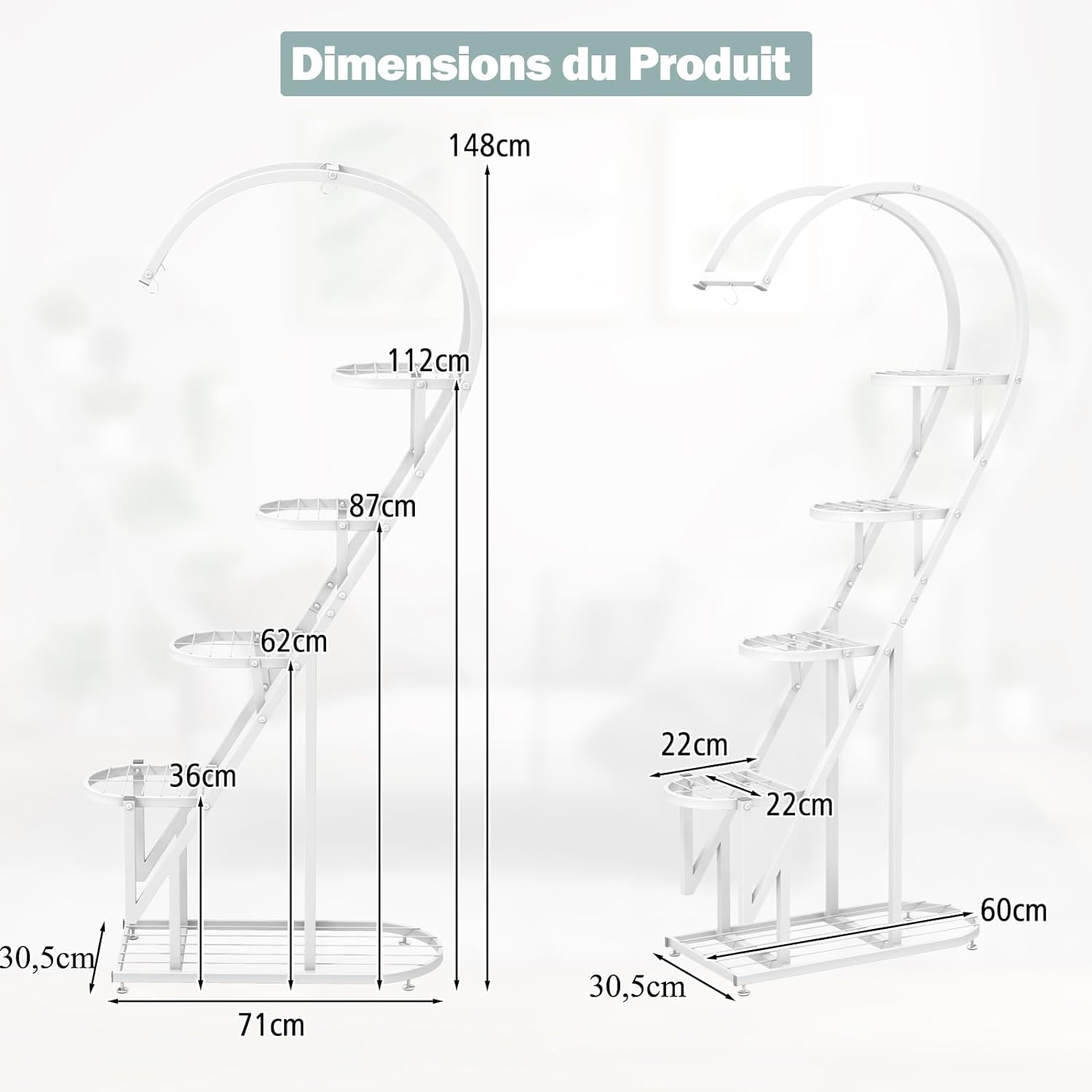 Support pour Plante à 5 Niveaux en Métal, Étagère en Forme de Cœur avec 4 Crochets, Plate-forme à Lattes, Blanc - 8