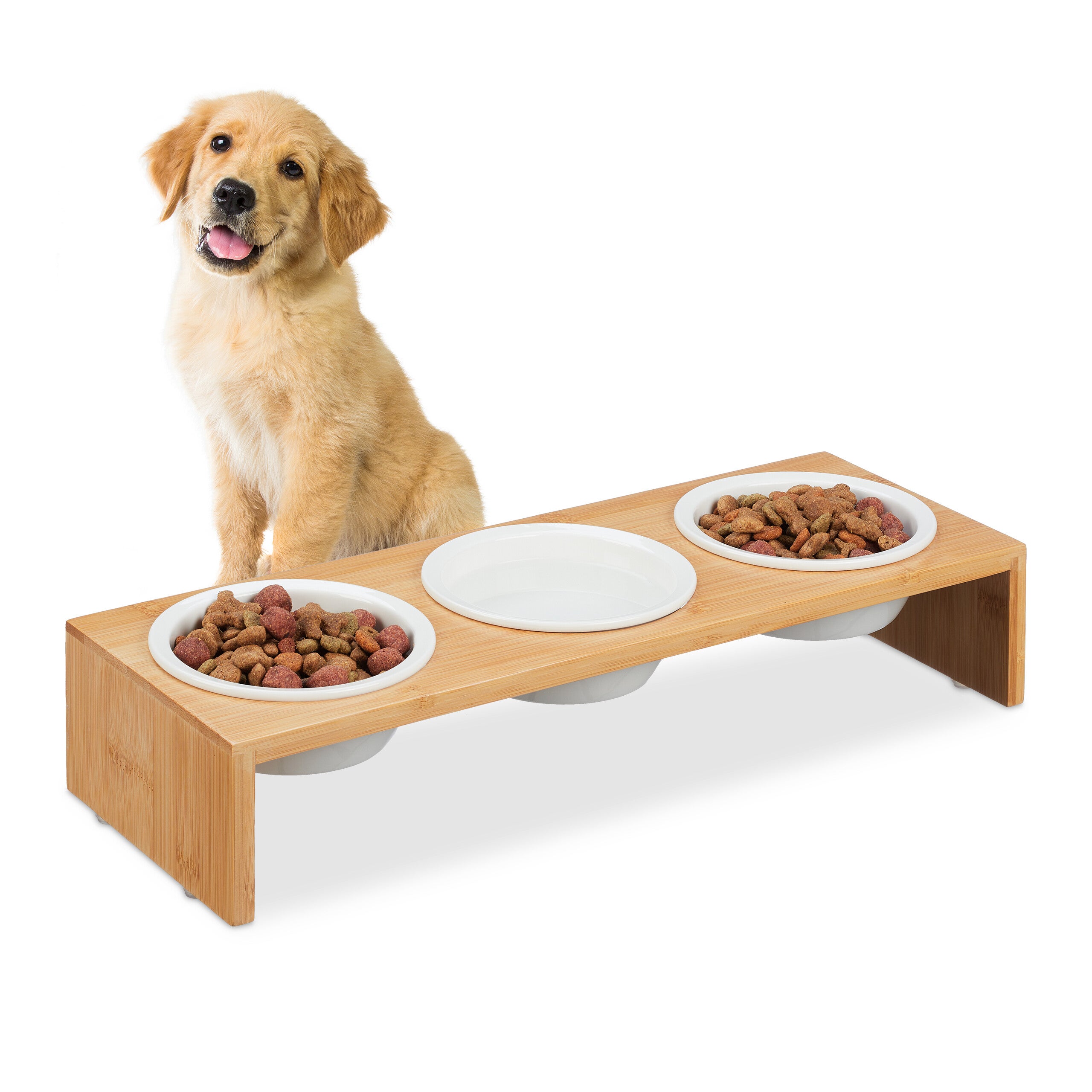 Ciotole Rialzate Per Cani Relaxdays - Set Da 2 In Acciaio Inox, Supporto In Legno Di Mango, Altezza 11.5 Cm, Capacità 750 Ml Cad.