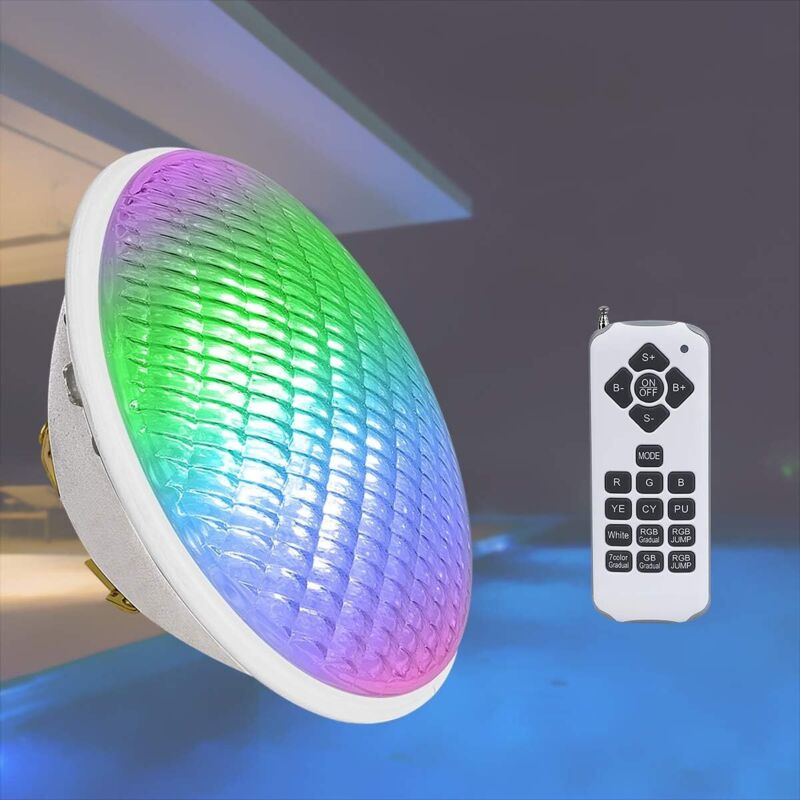 Lampă de piscină LED RGBW Par56 de 18W, IP68, 12V AC/DC, cu telecomandă. Echivalent cu halogen de 300W, pentru piscine. Luminoasă și de lungă durată.