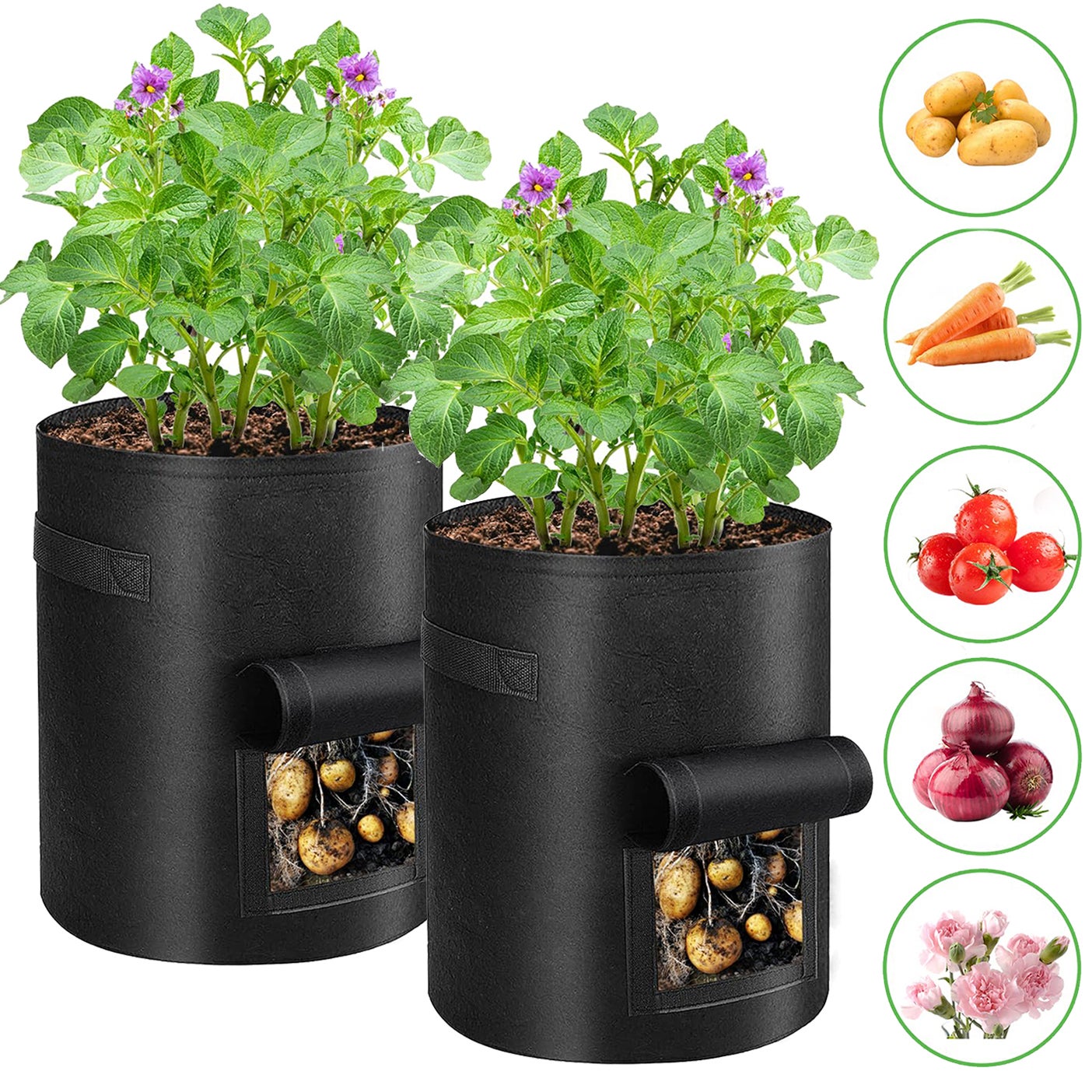 10-galonowy worek do uprawy ziemniaków, 2-pak worków do uprawy roślin ogrodowych z klapą, oddychający pojemnik z tkaniny, czarny