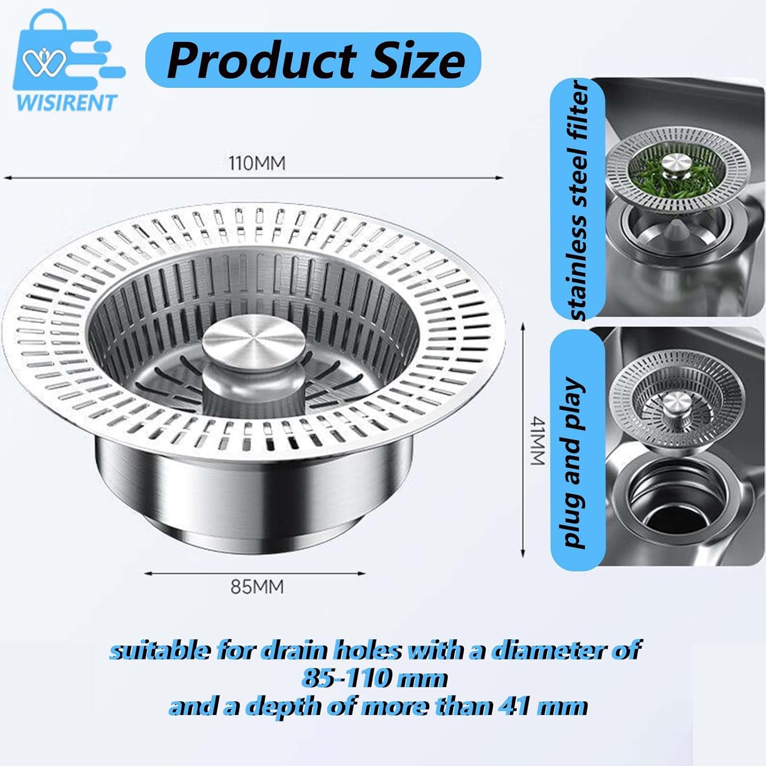 Semour Filtro Per Lavello 3 In 1 In Acciaio Inox 304 - Tappo A Pop-up Con Cestello - Adatto A Scarichi Standard USA 3,5 Pollici - 3