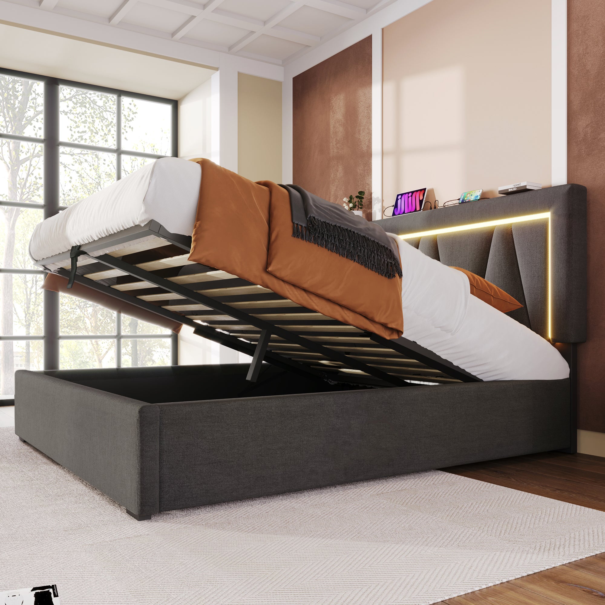 Cama contenedor 140 x 200 cm para adultos - USB + Tipo C + LED - tejido de lino - gris - 6