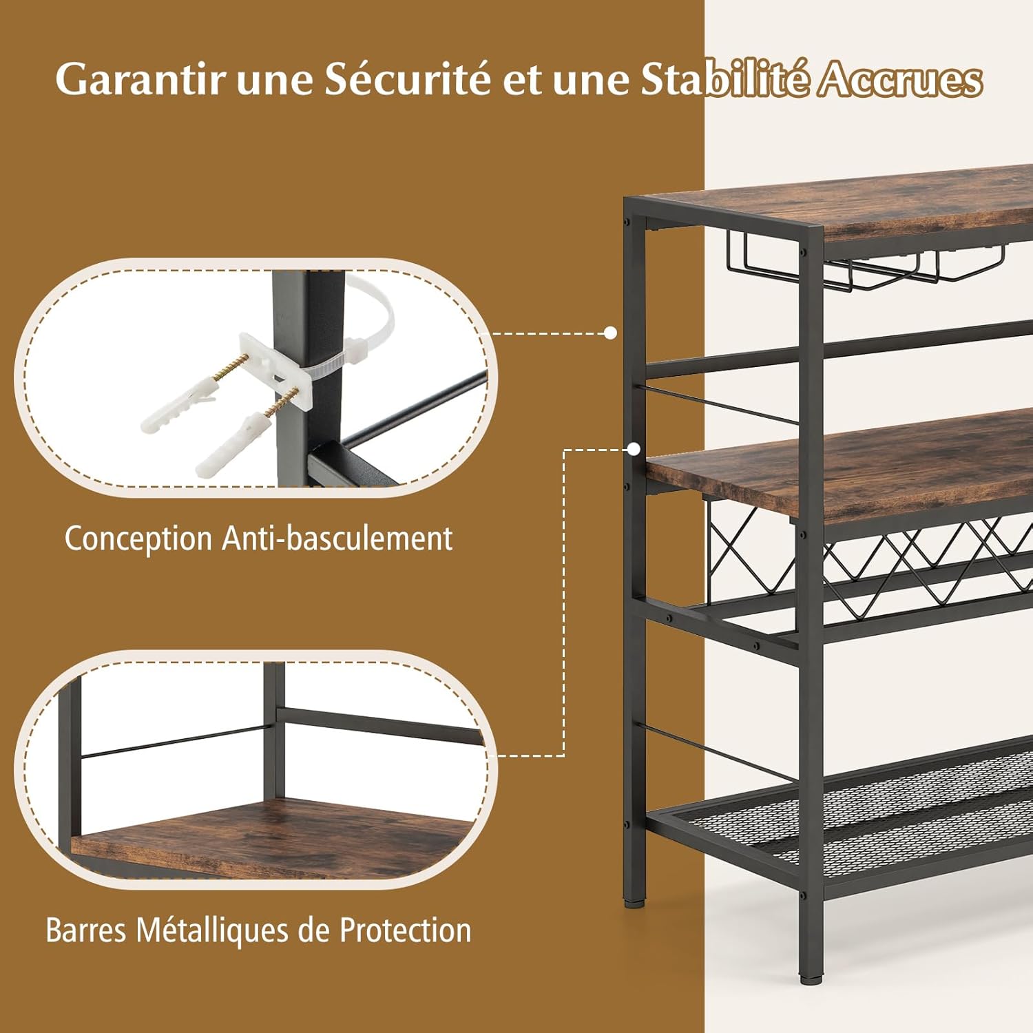 Mobile Portabottiglie di Vino e Calici da Terra, Scaffale Porta Vino su 3 Ripiani con Supporti per Bicchieri e Bottiglie, Tavolo Porta Vino da - 9