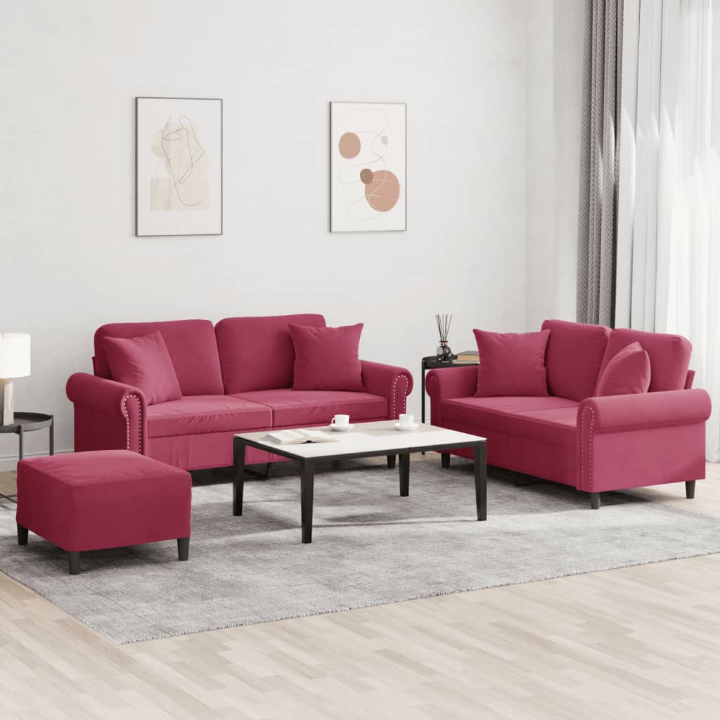 Conjunto de sofá de 3 piezas con cojines de terciopelo color burdeos ...