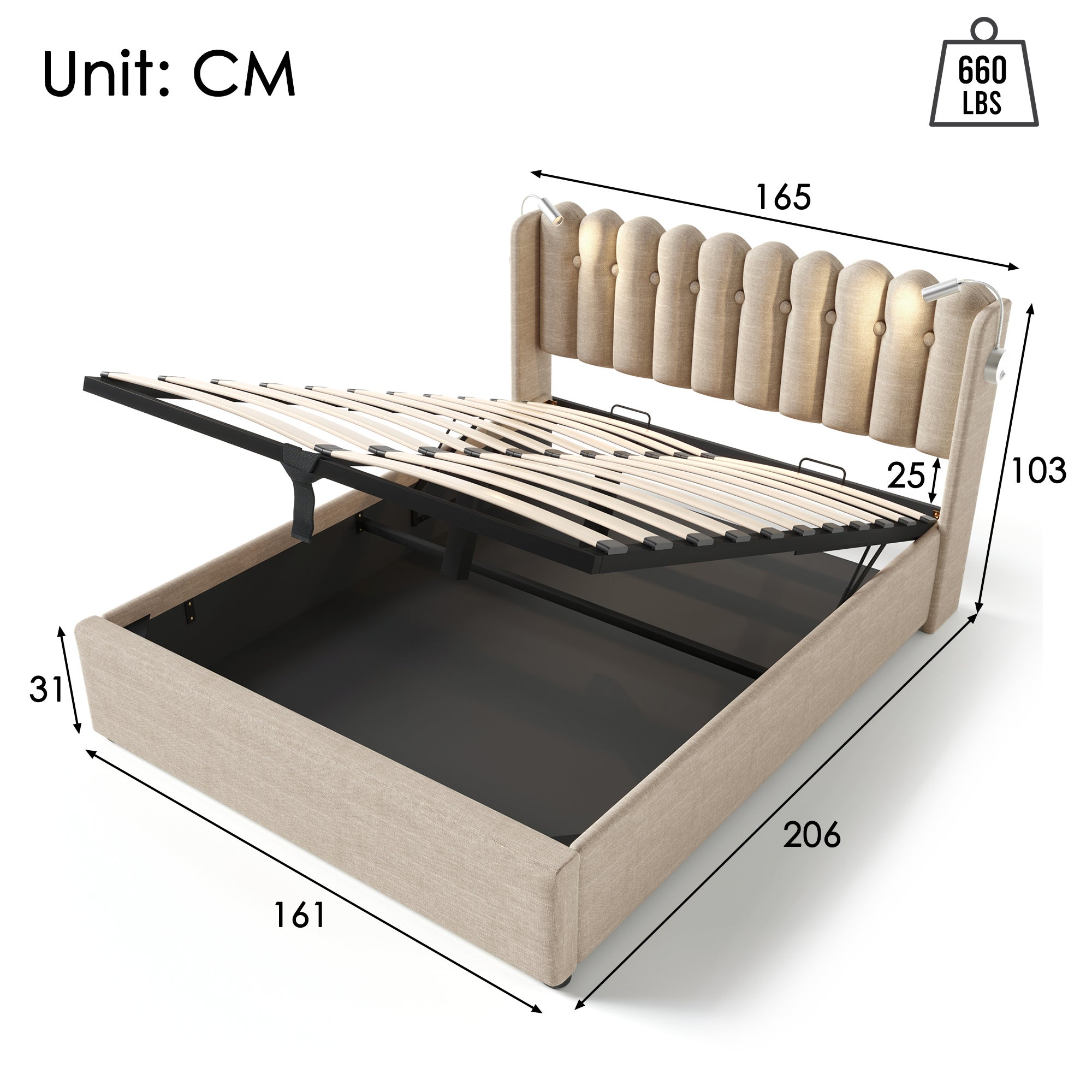 Cama contenedor con cabecero - 160 x 200 cm - lámpara de lectura y toma USB - tela de lino - color natural - 4
