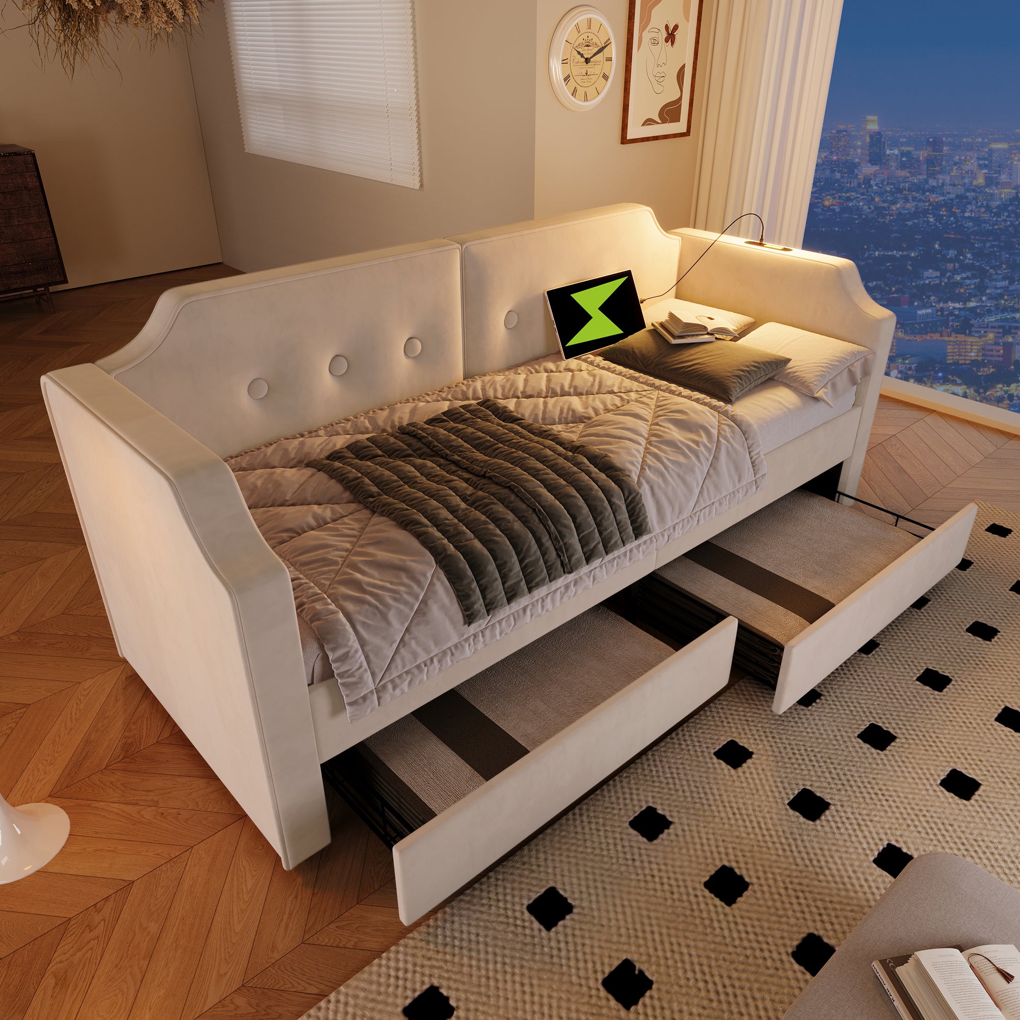 Lit Canapé 90x200 Cm, USB Type-C, 2 Tiroirs, Lit Enfant, Velours