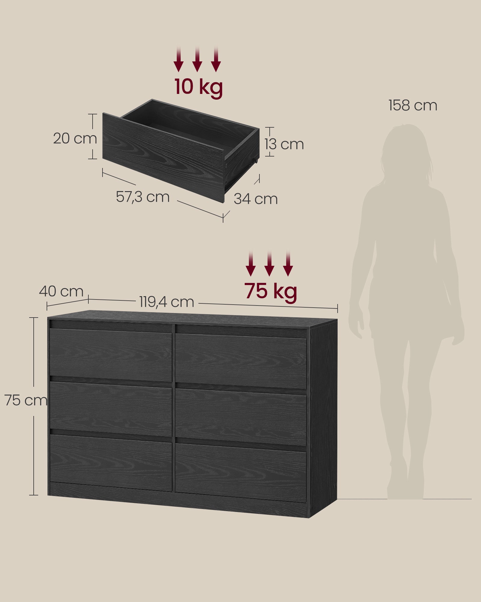 Commode Chambre 6 Tiroirs, Armoire de Rangement, Meuble à Vêtements, 40 x 119,4 x 75 cm, Style Moderne, Noir Boisé - 5