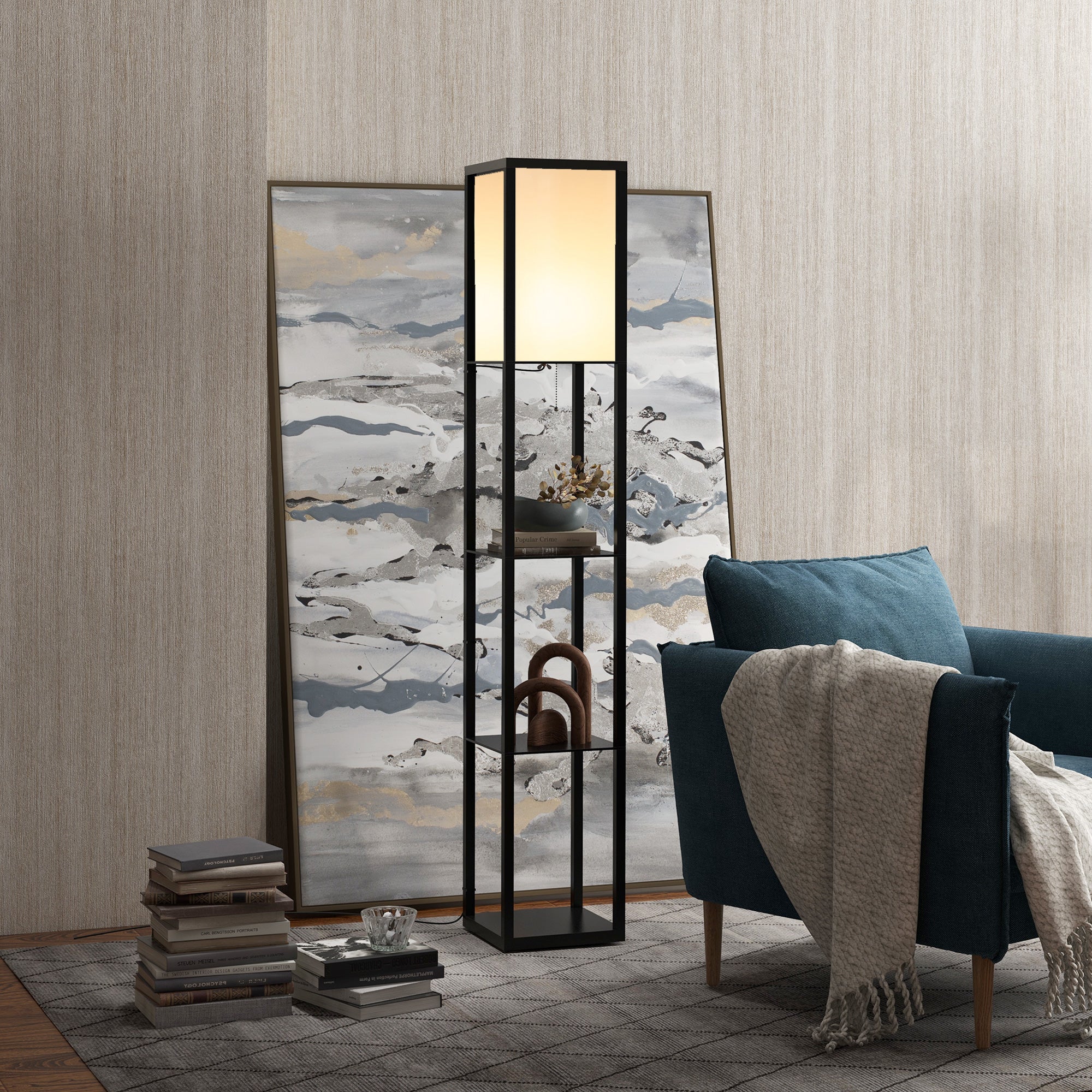 Lampada Da Terra In Legno Con 3 Ripiani | LED 162 Cm | Lampada Per Soggiorno E Camera Da Letto Con Paralume
