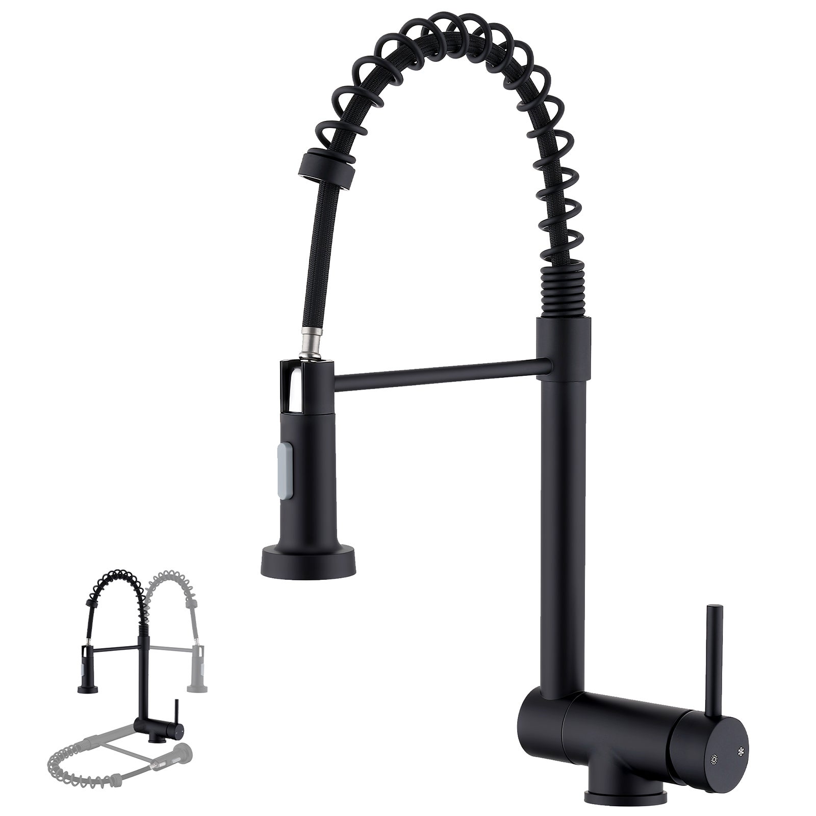 Czarny składany kran kuchenny z wyciąganą głowicą natryskową ze sprężyną, obrotowy 360°, dostępny z ciepłą i zimną wodą