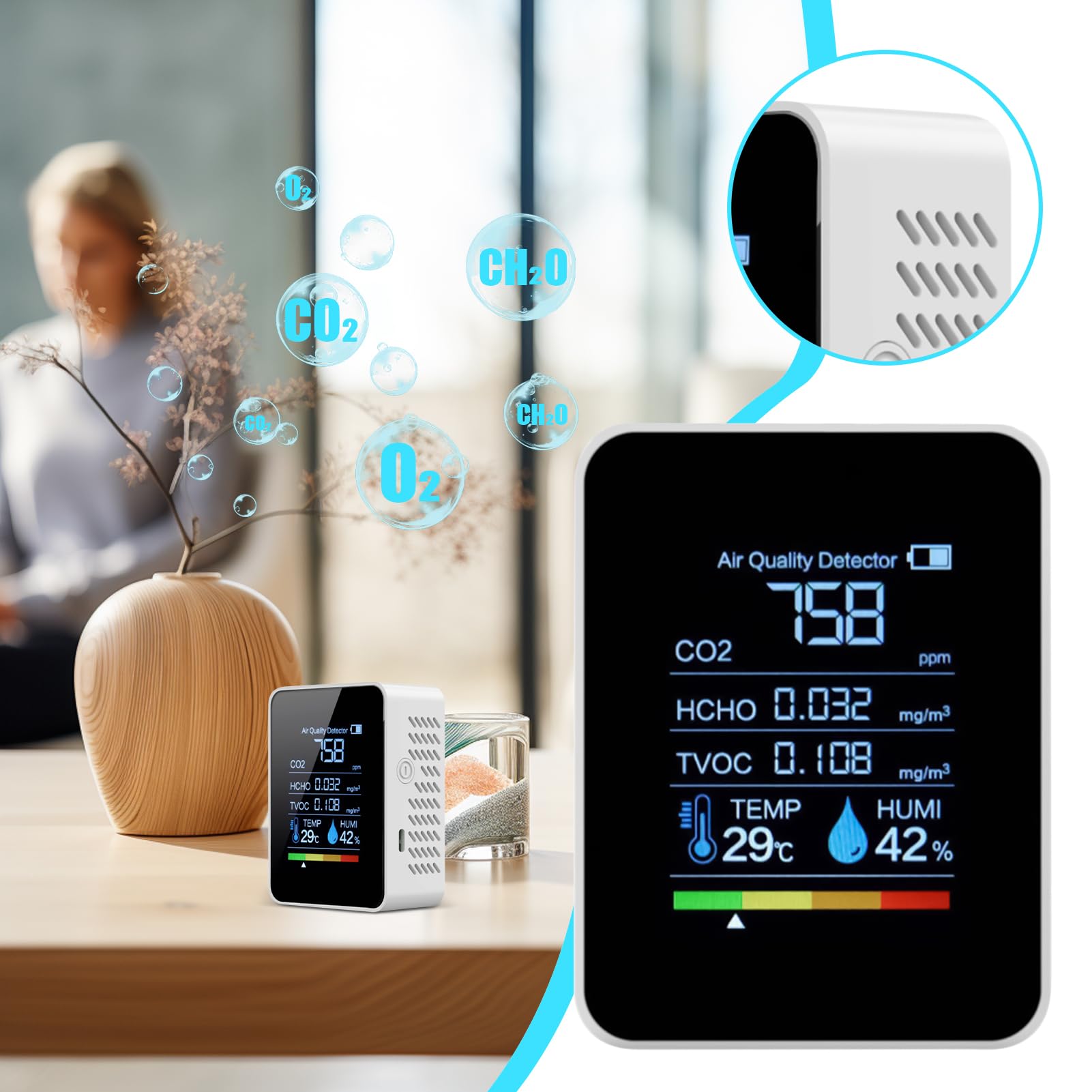 Testeur d'air détecteur de monoxyde de carbone pour la maison, mesures CO2 HCHO TVOC, température, humidité, moniteur de sécurité pour tentes - 3