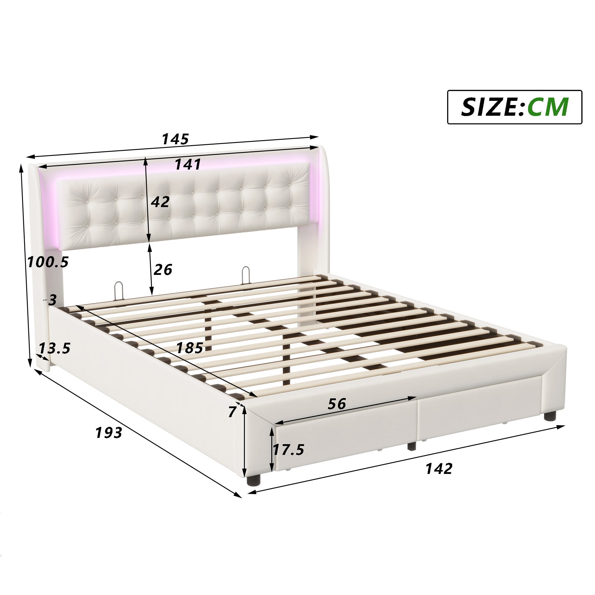 Lit coffre 140x190 cm avec LED et 2 tiroirs, COZY, cadre de lit adulte avec sommier à lattes, lit double, tissu en velours, 140x190 cm, blanc cassé - 7