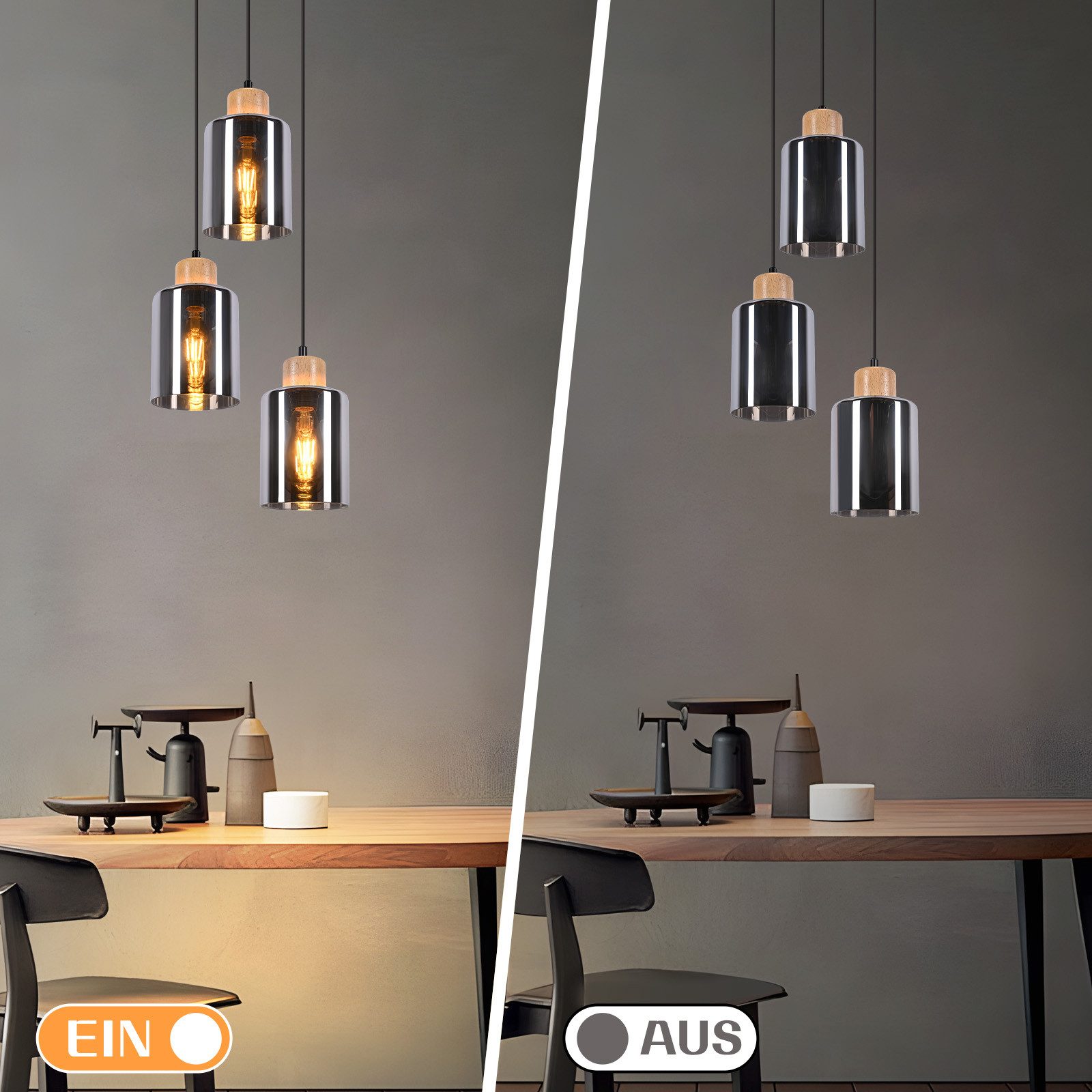 NETTLIFE Suspension en bois, lampe suspendue E27, lampe de table à manger vintage en verre - 7