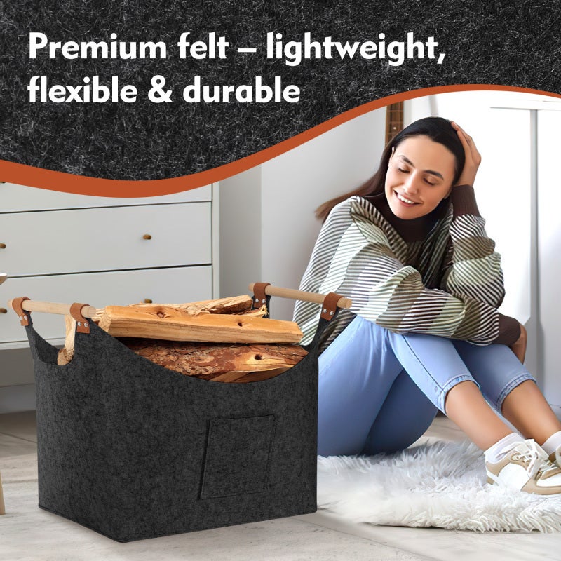 Cesto de feltro com alças de madeira, cesto para lenha, 5 mm, cinza escuro - 4