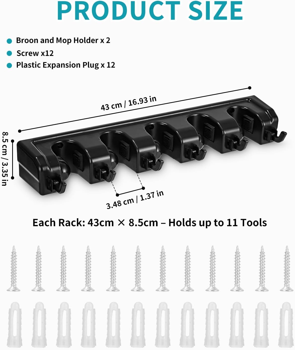 2 Pièces Accroche Balai Mural,Porte-Balais Muraux avec 10 Emplacements et 12 Crochets – Support Mural pour Balais, Outils de Jardin et Garage - 3