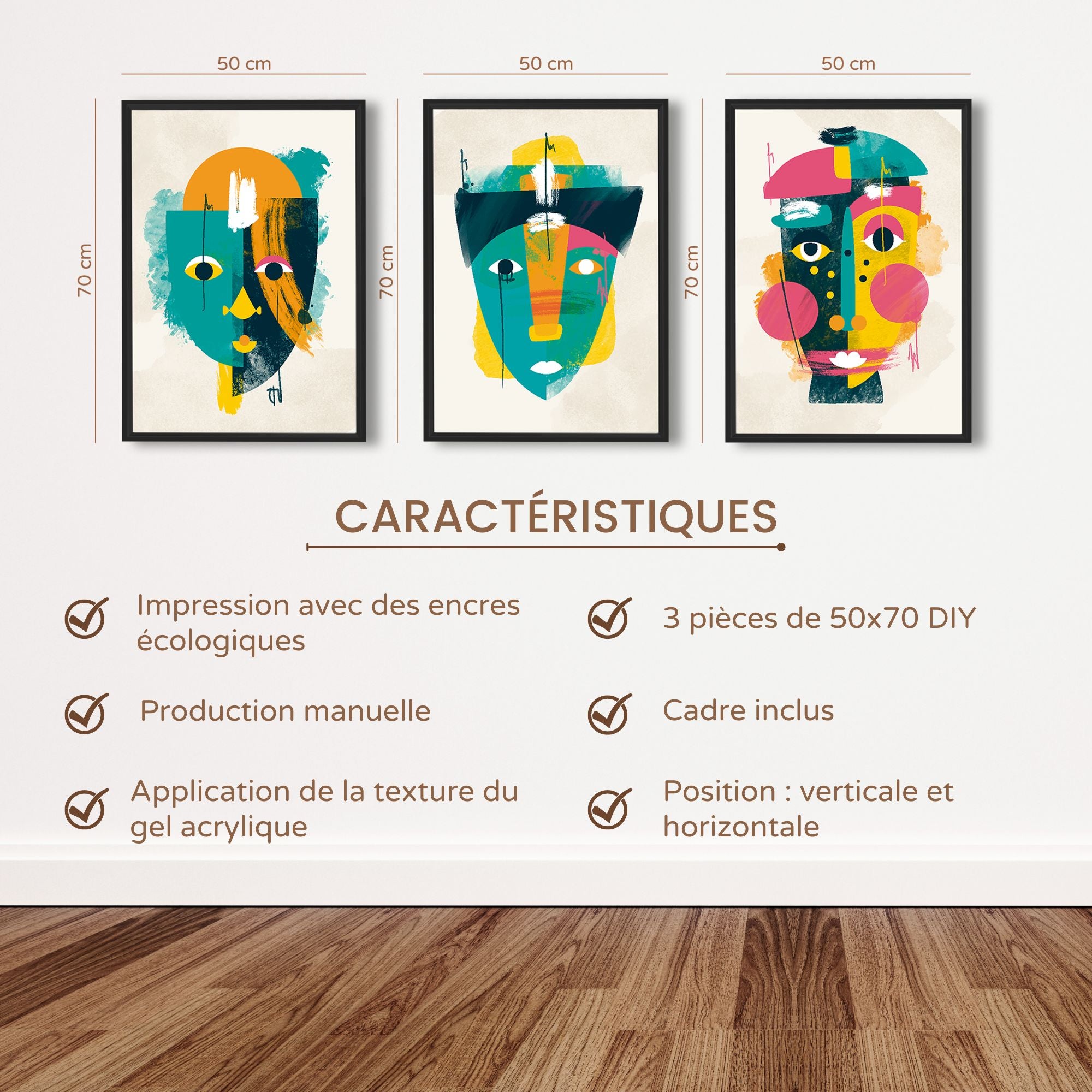 DekoArte - Cuadros decoracion salon modernos CARAS PICASSO 50x70 cm x3 piezas - Cuadros con marco negro incluido - 3