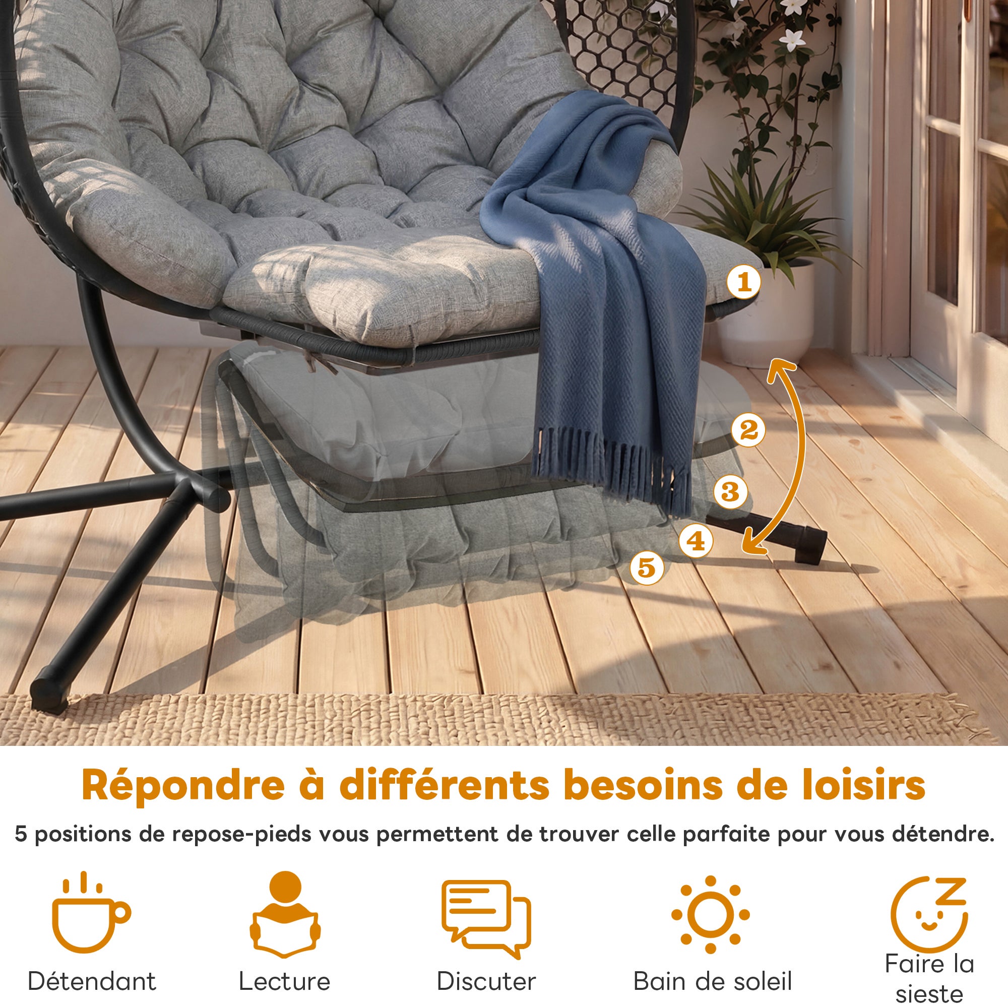 Fauteuil suspendu œuf avec pied, balancelle hamac extérieur avec repose-pieds et coussins, fauteuil à bascule double,structure acier, gris - 8