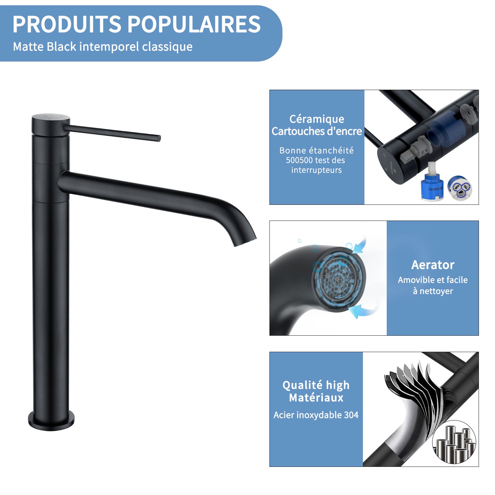 Mitigeur de Lavabo Noir Haut Bec en Inox SUS304 Robinet Salle de Bain Pivotant 360° Robinetterie Design Moderne pour Vasque - 4