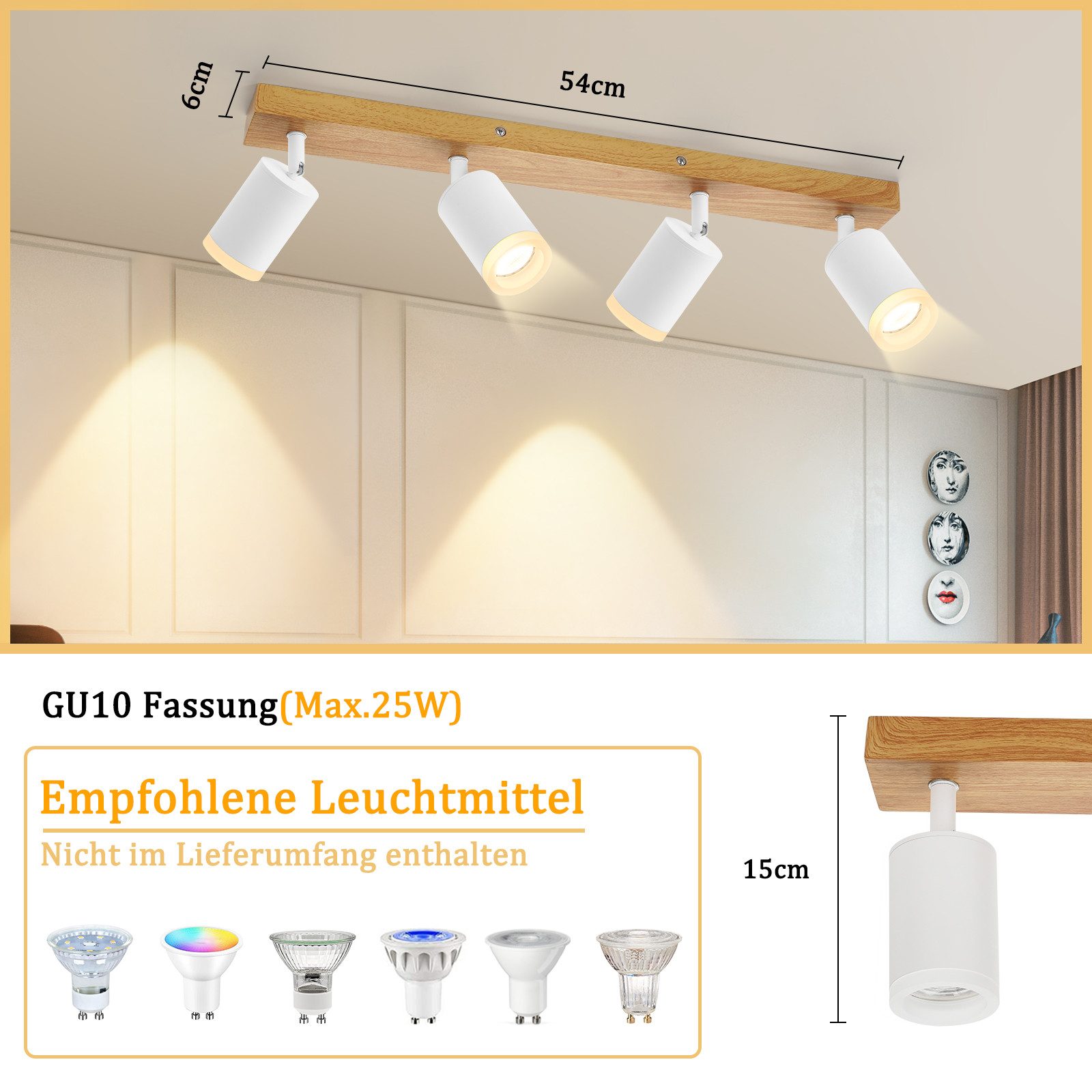 ZMH Foco de techo LED de 4 llamas GU10 madera-acrílico Lámpara de techo giratoria 350° Salón - 2