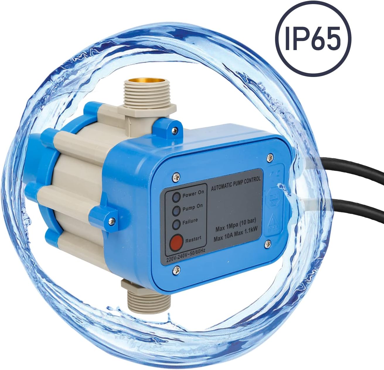 Presostato para bomba de agua, 10 bar, eléctrico, arranque/parada automático, con cable, azul. - 2