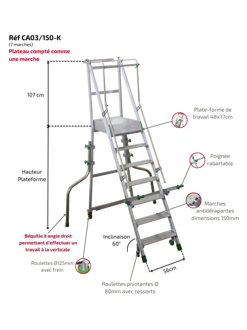 FACAL - Escabeau Aluminium Roulant avec Stabilisateurs Castiglia - Hauteur de plancher 3,28m - 4