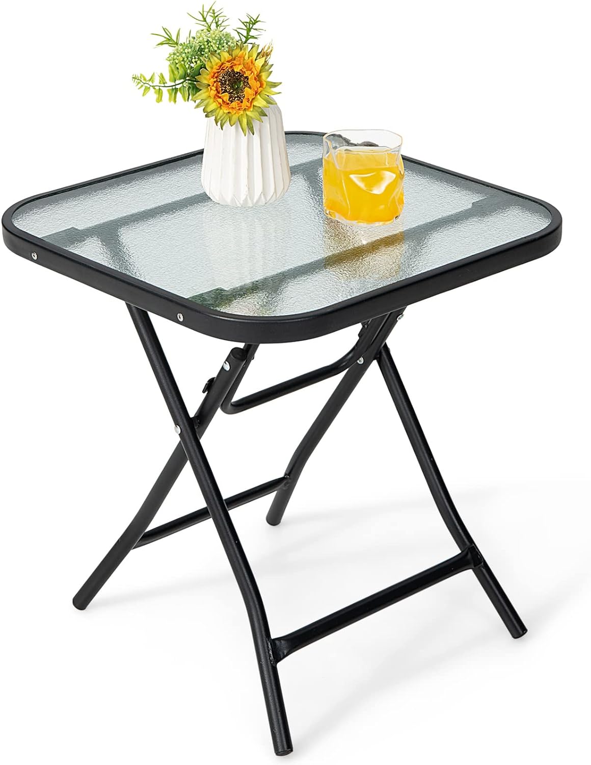Kwadratowy Składany Stół Ogrodowy ze Szkła 46 x 46 x 42 cm – Obciążenie 25 kg – Żelazna Rama – Szkło Faliste – na Patio/Taras