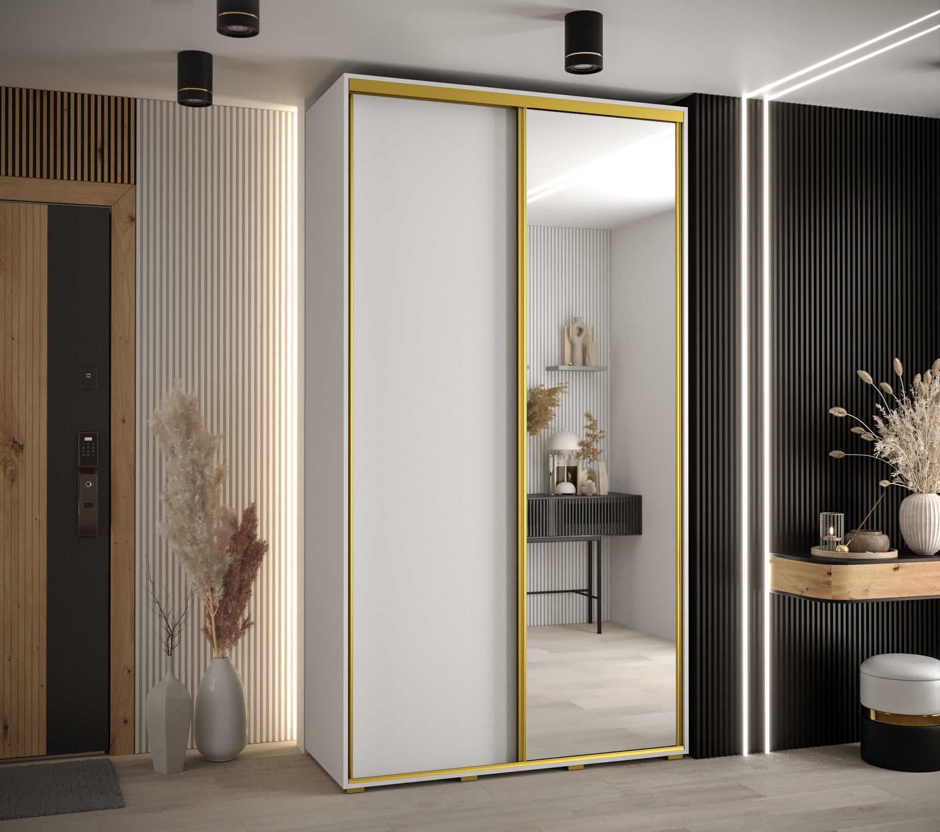 Szafa przesuwna z lustrem wysoka Davos 3 130 x 45 x 235,2 cm biały + biały + u. złoty - Abiks Meble - 2
