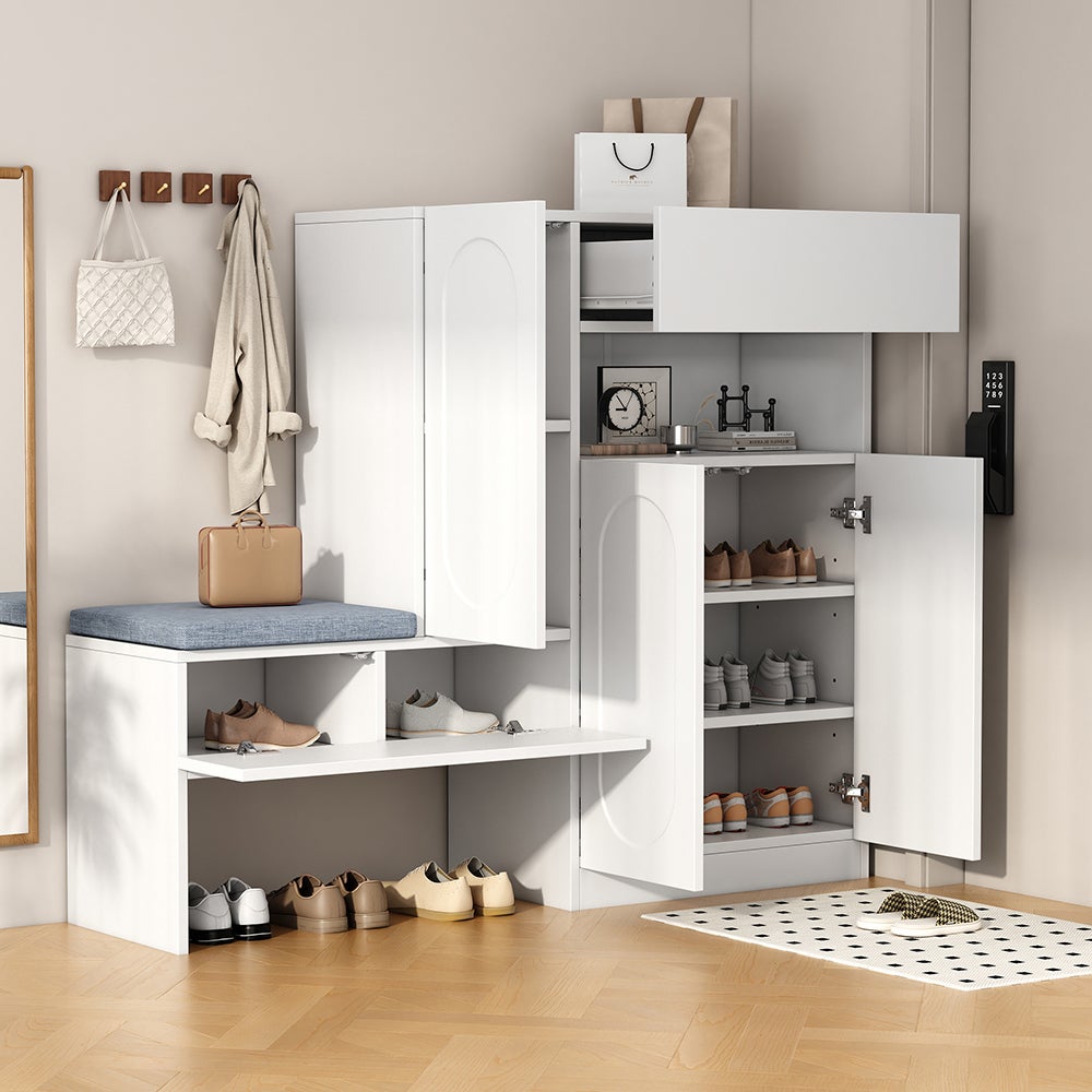Armoire à chaussures 2-en-1 blanche, portes Soft Close, banc rembourré, 130x35x110cm - 8