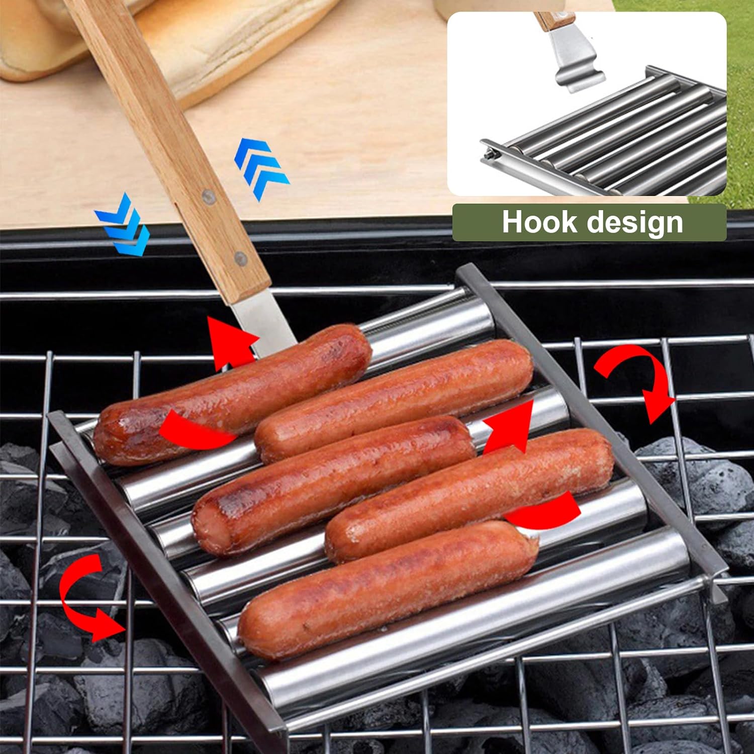 Rouleau à Hot-Dogs Pour Barbecue - Cuisson Uniforme Avec Poignée Bois | Accessoire Camping Et BBQ