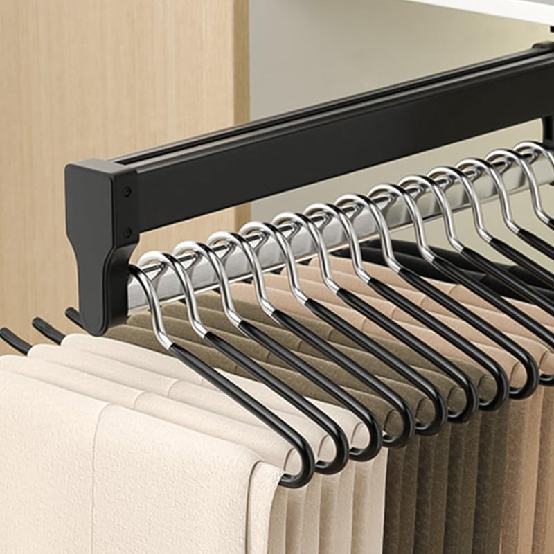 Teleskopowy drążek na ubrania, drążek do garderoby z wieszakami przesuwnymi, regulowany drążek teleskopowy (350 mm, czarny)