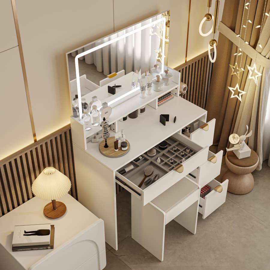 Coiffeuse Laura Avec LED Et Miroir – Vicco – Blanc, 1 Tiroir, Pour Chambre Ado