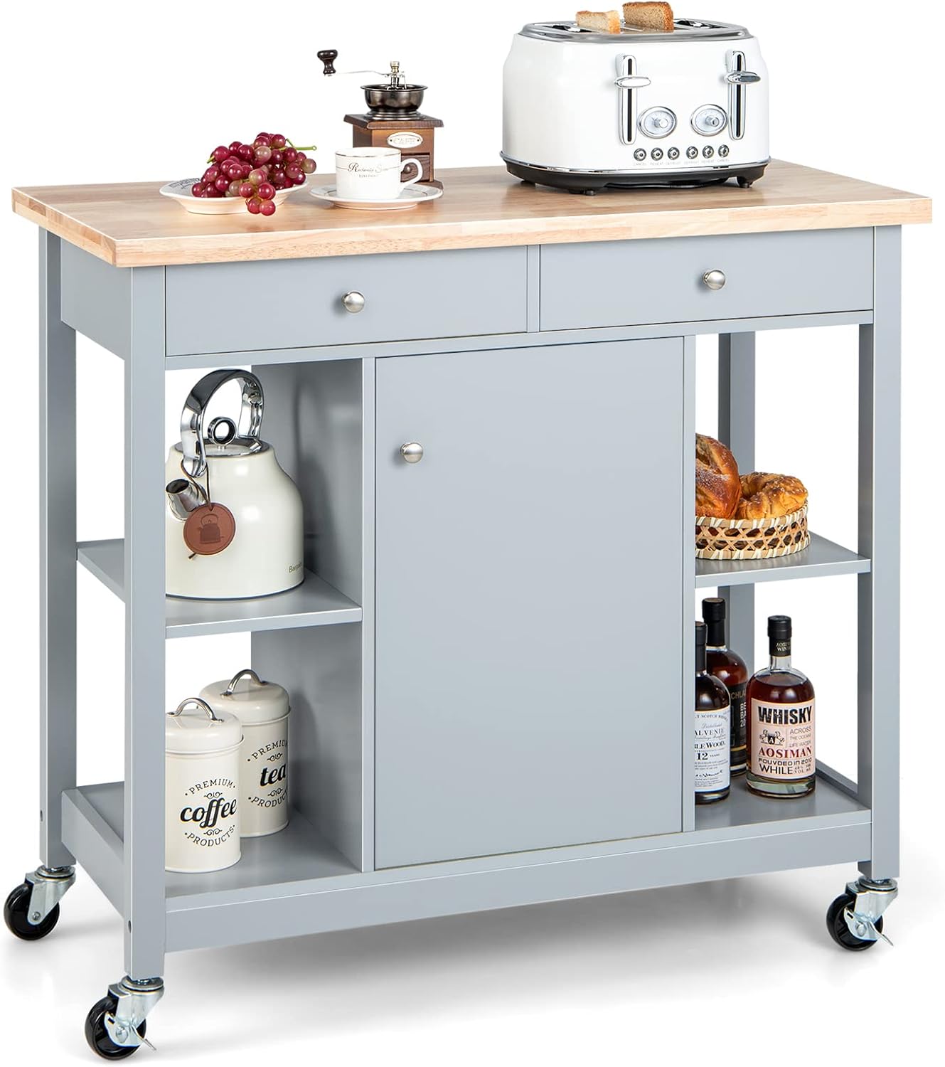 Wózek kuchenny na kółkach, wyspa kuchenna z blatem roboczym, szafka kuchenna na kółkach, do kuchni, jadalni, 99 x 46 x 90 cm (szary)