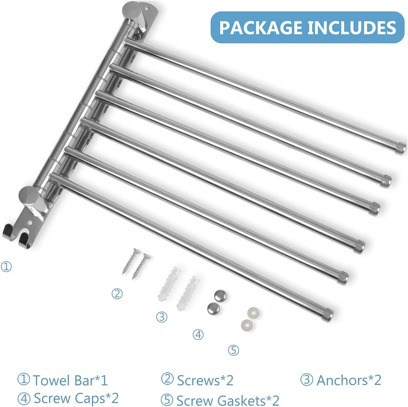 Wieszak na ręczniki do łazienki, obrotowy 180°, podwójny drążek ze stali nierdzewnej, sześć srebrnych drążków - 6