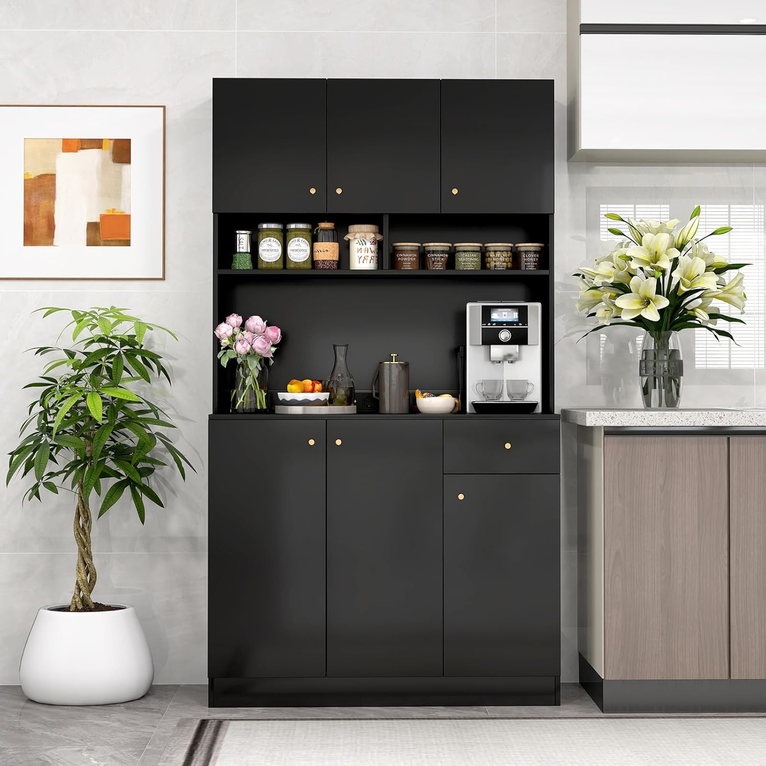 Buffet de Cuisine, Armoire Cuisine avec Prises, 4 Placards, Grand Tiroir, Station de Recharge, Vaisselier, 100x40x181CM (Noir) - 4