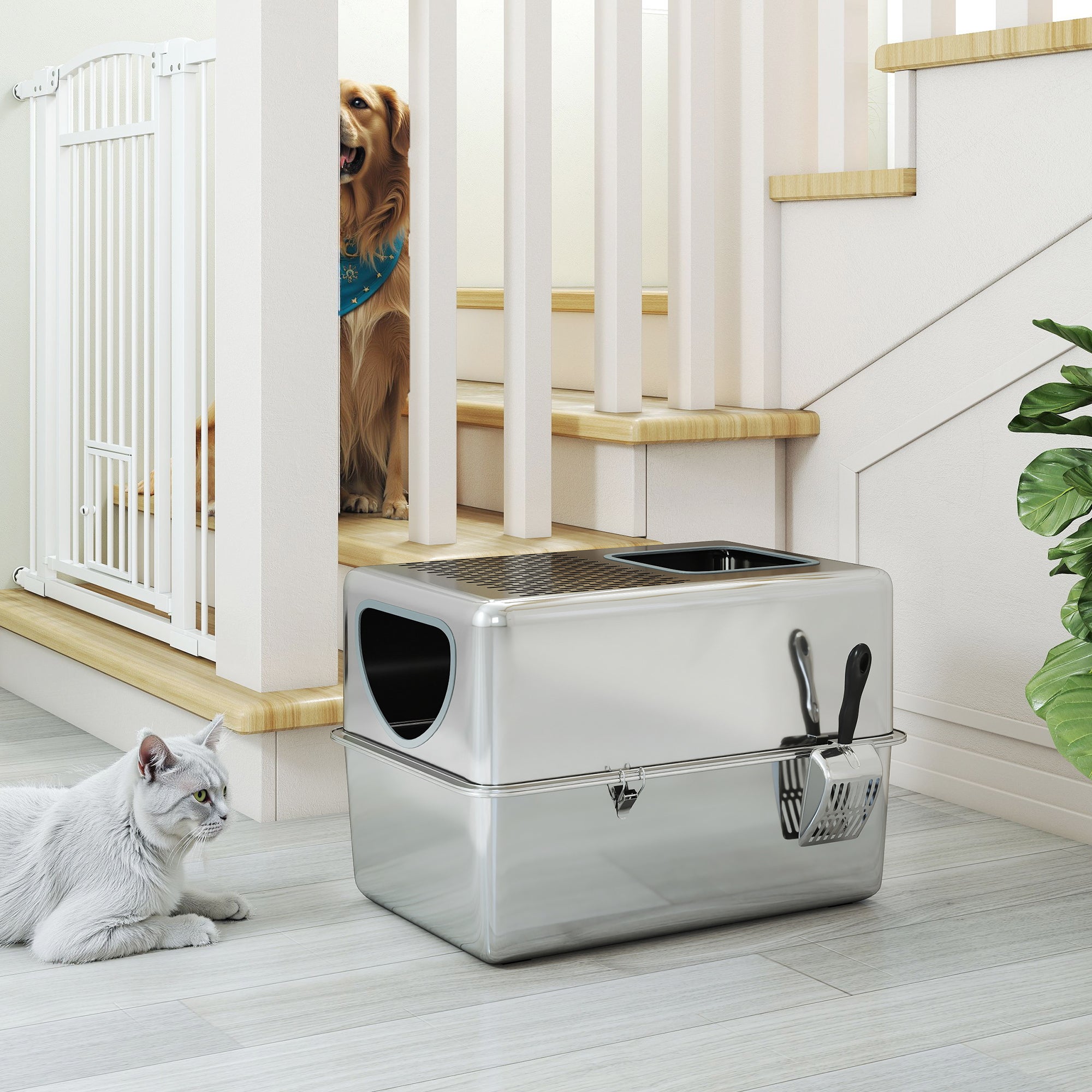 Arenero para Gatos PawHut Acero Inoxidable Plata 60x39.6x40.1 cm - 5