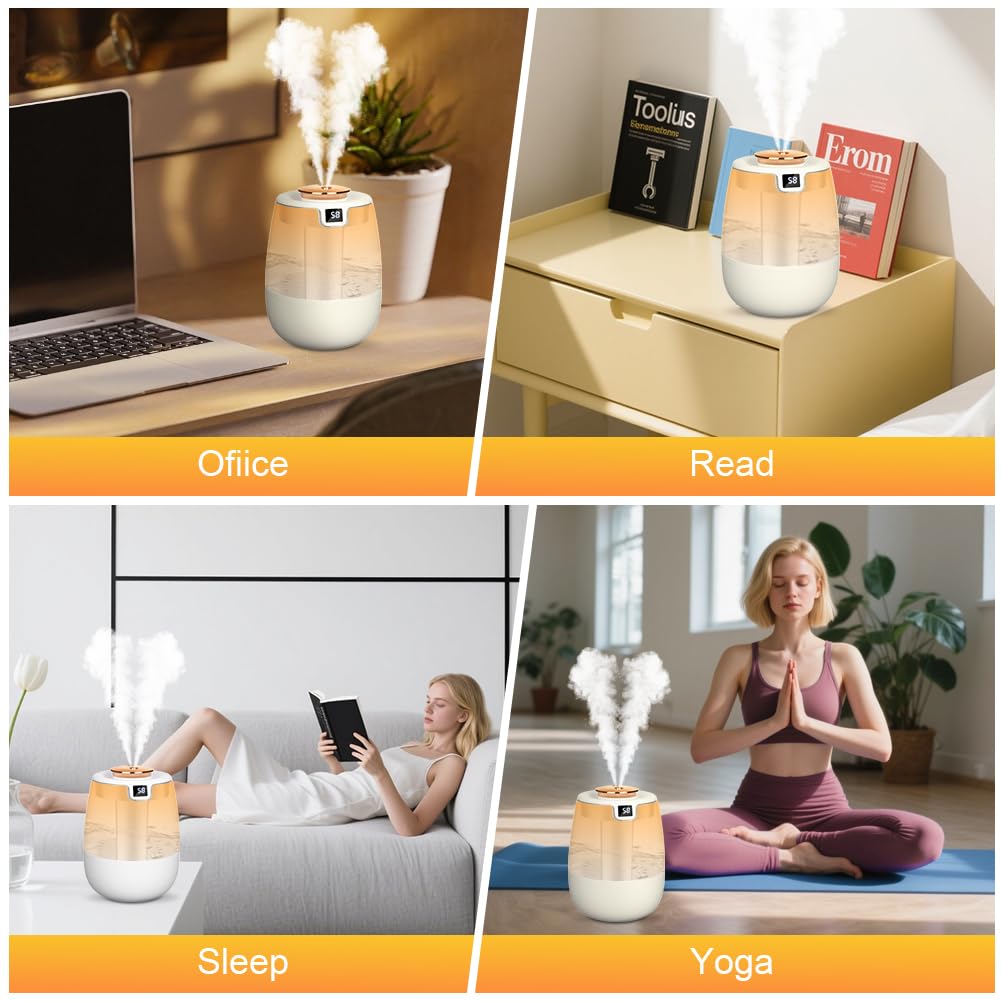 Humidificador para dormitorio - Humidificador de ambiente de 1.2 L con doble boquilla y luz nocturna, pantalla digital, 30 dB para oficina (blanco) - 8