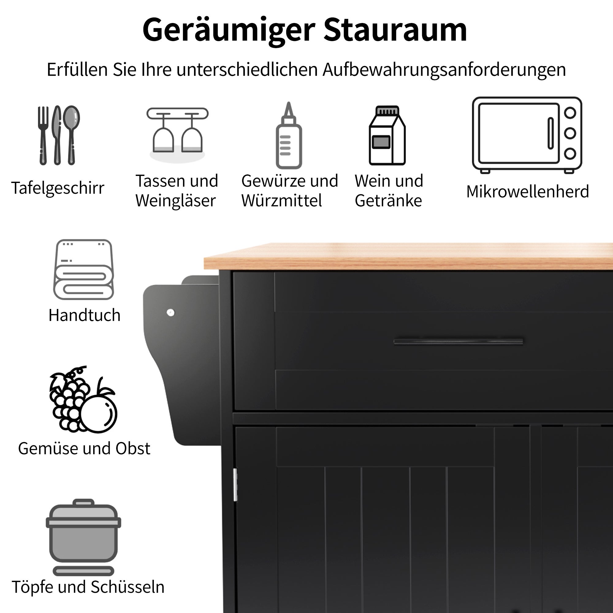 Îlot de cuisine avec plateau pliable et 5 roulettes, 129×46-71×91,5 cm,Desserte de cuisine avec espace de rangement, 2 tiroirs et 3 portes,Noir - 8
