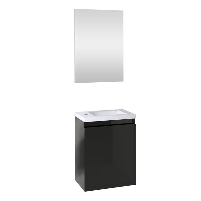 Ensemble meuble lave-mains avec miroir PORTO PACK- noir brillant - L40 x H51 x P25 cm