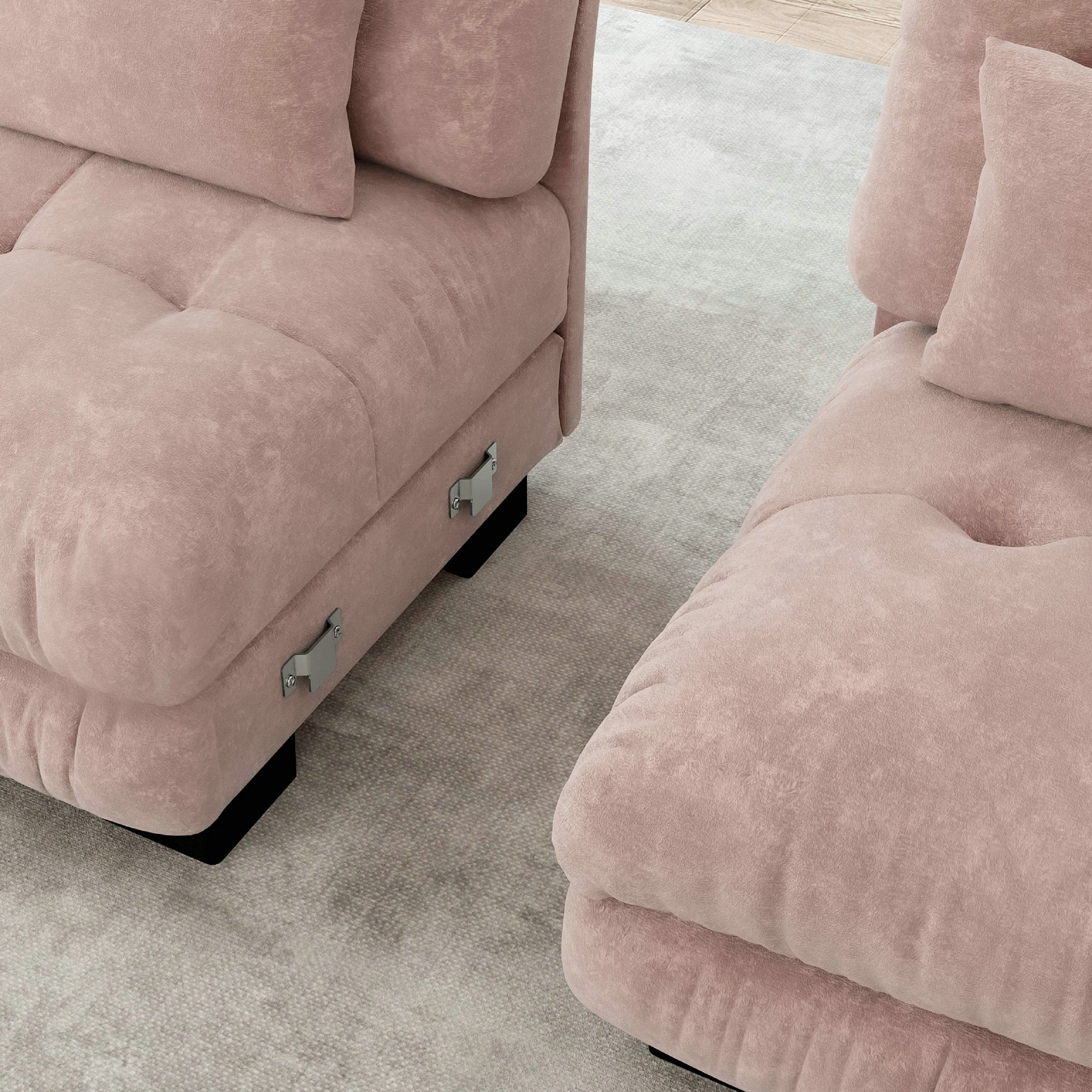Canapé d\'angle modulable, ensemble en forme de U 4 places confortable effet nuage - avec pouf amovible - chenille - rose - 6