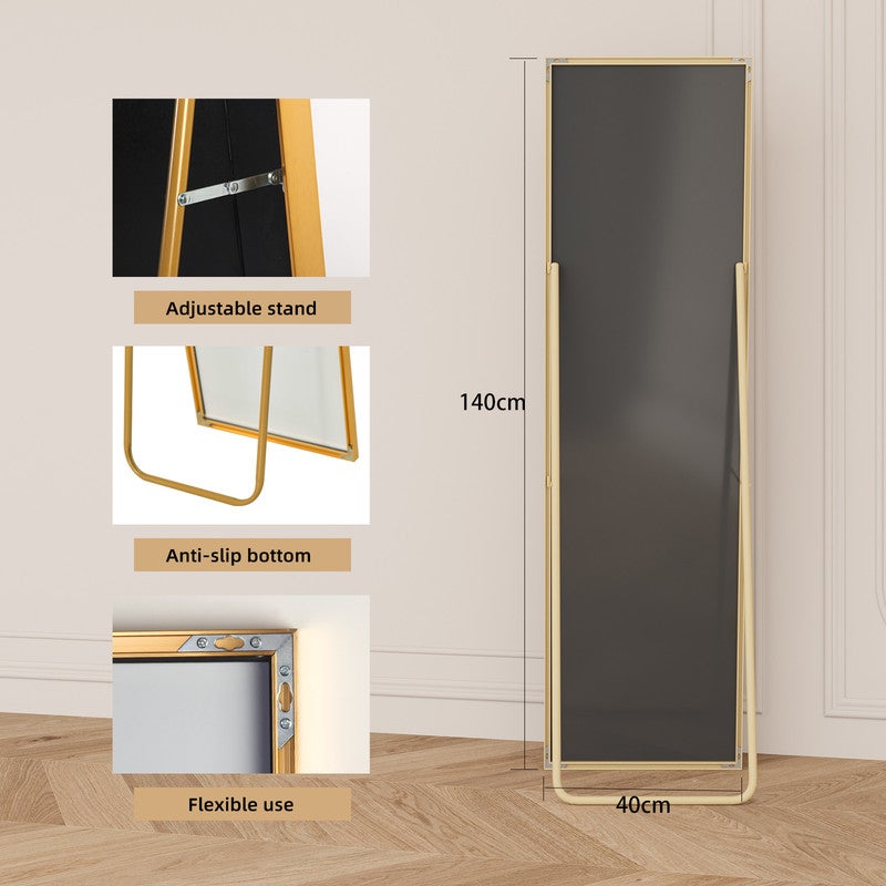 Miroir sur pied - Miroir chambre - Miroir rectangulaire - 140x40 cm - Verre trempé - Cadre en alliage d'aluminium - Doré - 6